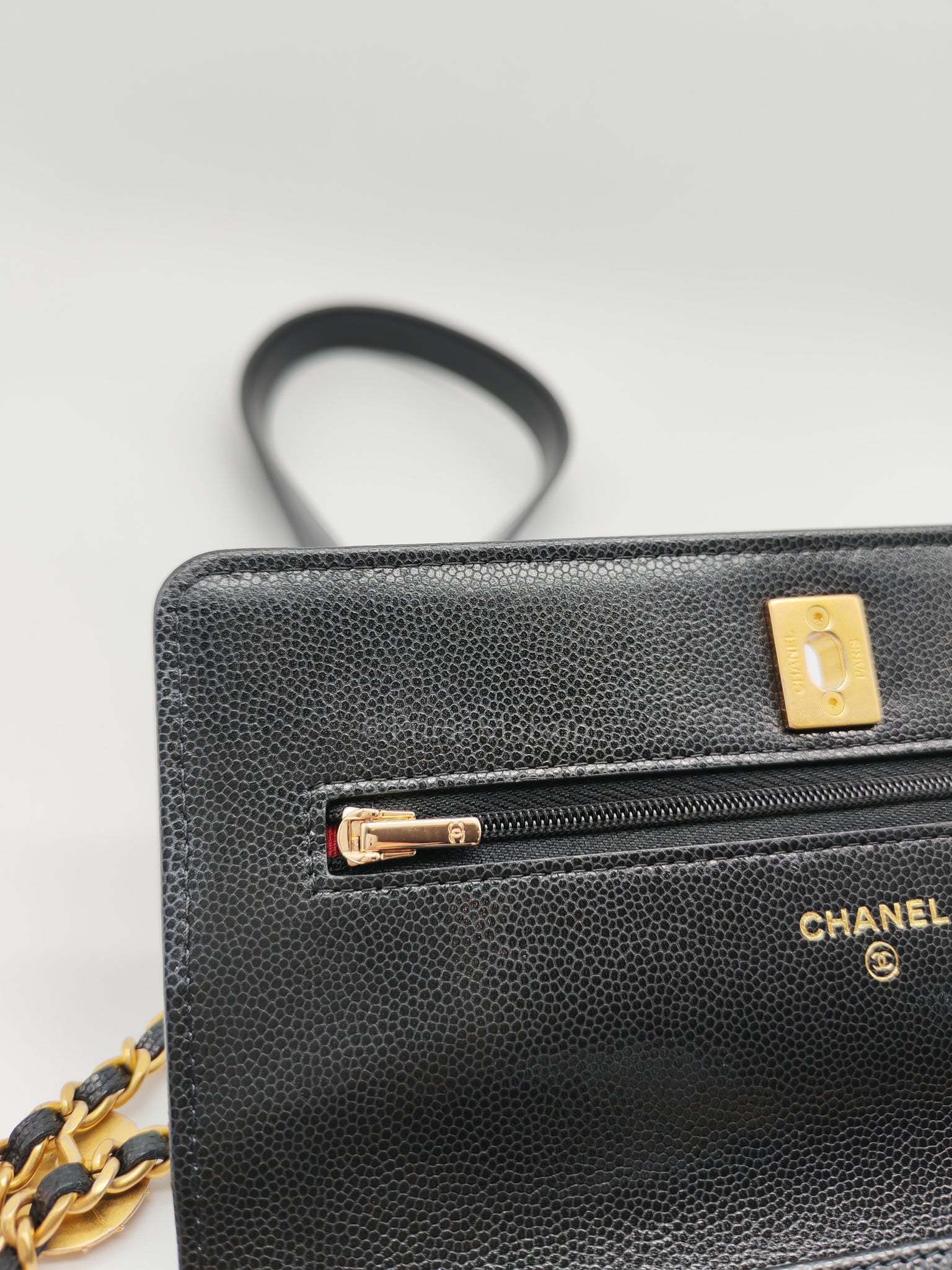 Gold Coin Wallet On Chain(WOC) Black Caviar Leather Aged Gold Hardware (Microchip) | Purse Maison Luxury Bags Shop