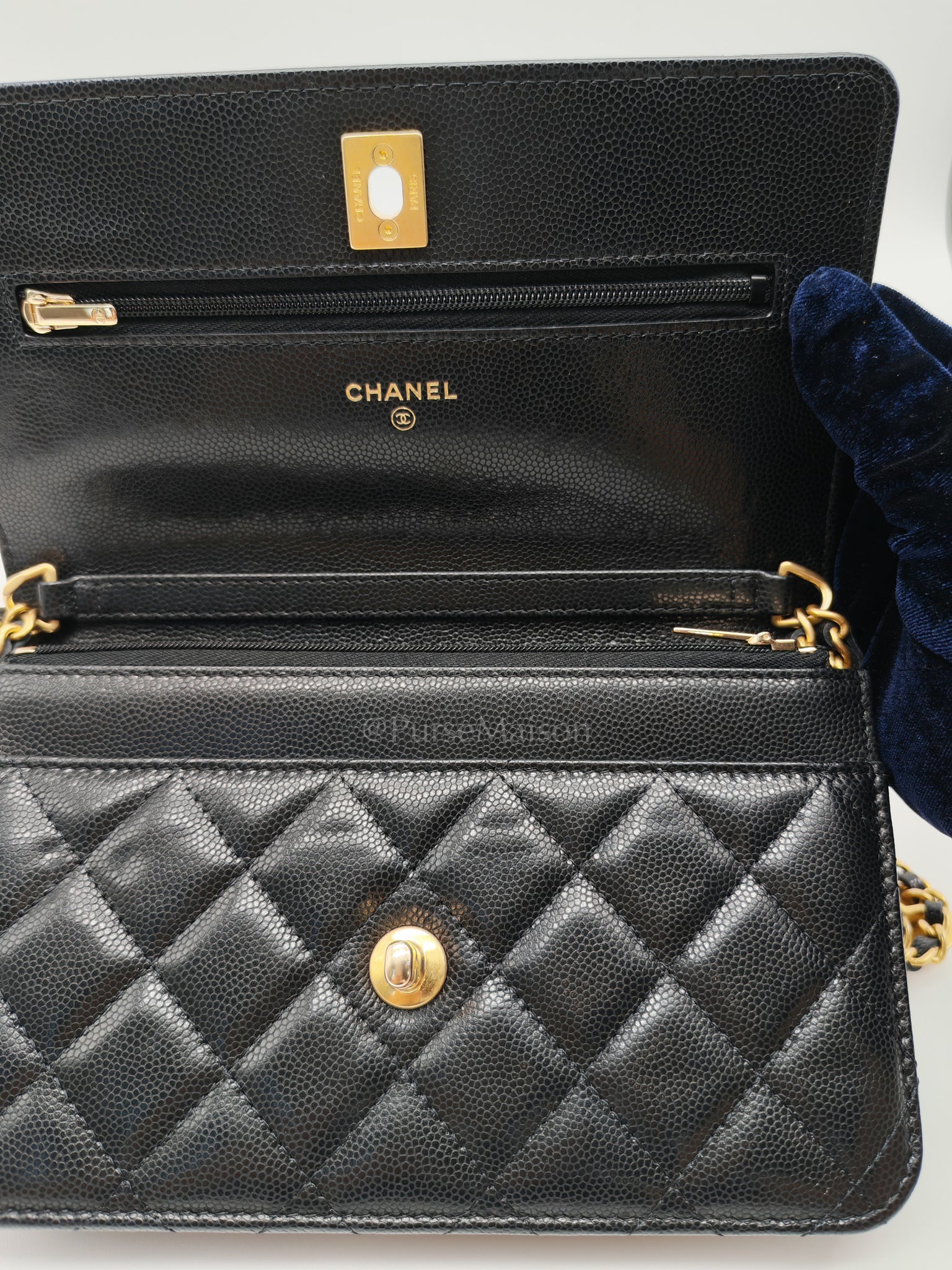 Gold Coin Wallet On Chain(WOC) Black Caviar Leather Aged Gold Hardware (Microchip) | Purse Maison Luxury Bags Shop