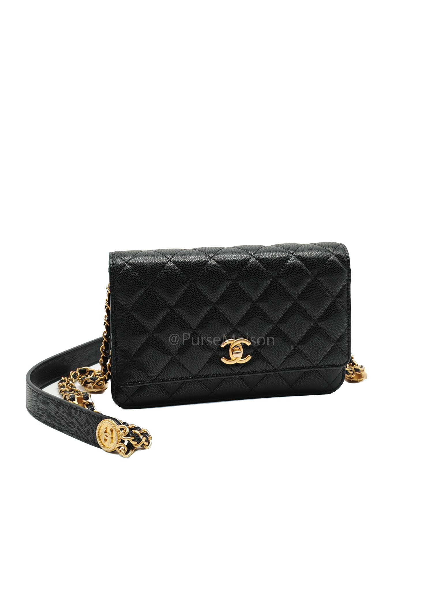 Gold Coin Wallet On Chain(WOC) Black Caviar Leather Aged Gold Hardware (Microchip) | Purse Maison Luxury Bags Shop