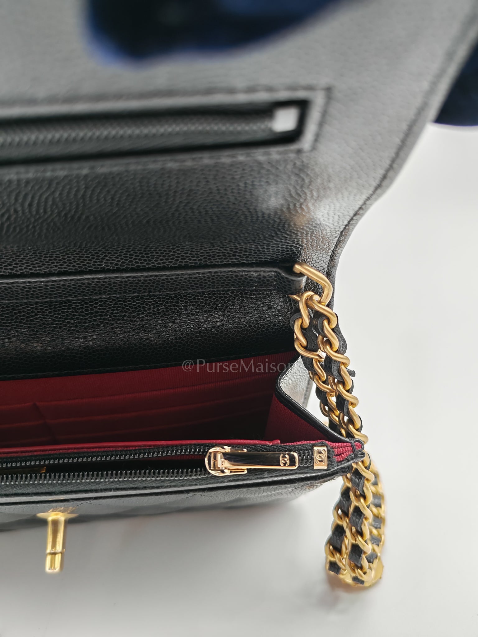 Gold Coin Wallet On Chain(WOC) Black Caviar Leather Aged Gold Hardware (Microchip) | Purse Maison Luxury Bags Shop
