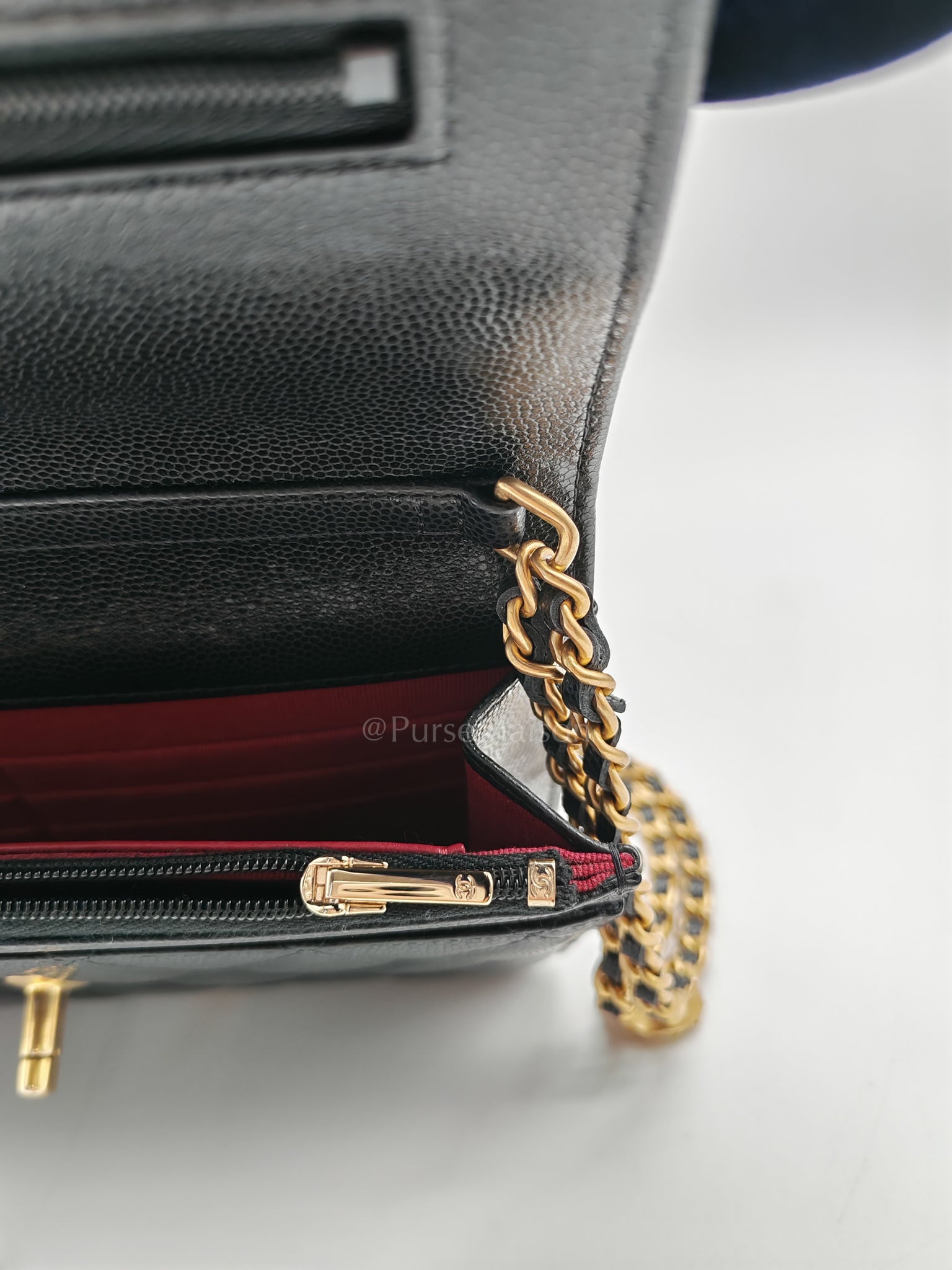 Gold Coin Wallet On Chain(WOC) Black Caviar Leather Aged Gold Hardware (Microchip) | Purse Maison Luxury Bags Shop