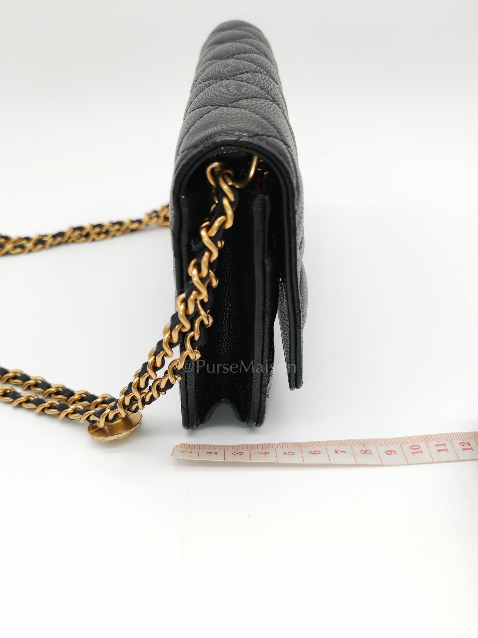 Gold Coin Wallet On Chain(WOC) Black Caviar Leather Aged Gold Hardware (Microchip) | Purse Maison Luxury Bags Shop