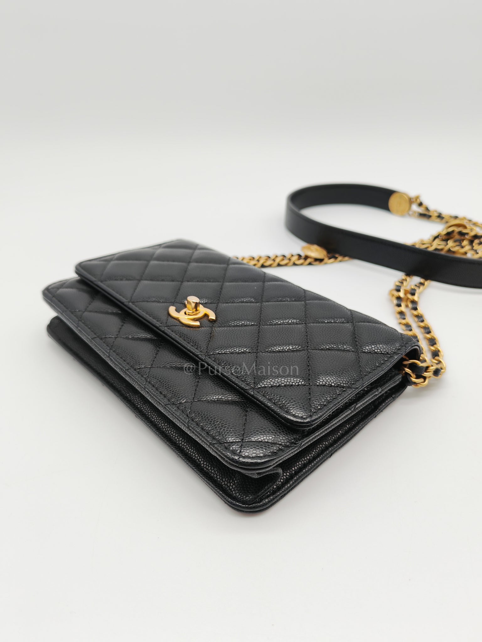 Gold Coin Wallet On Chain(WOC) Black Caviar Leather Aged Gold Hardware (Microchip) | Purse Maison Luxury Bags Shop