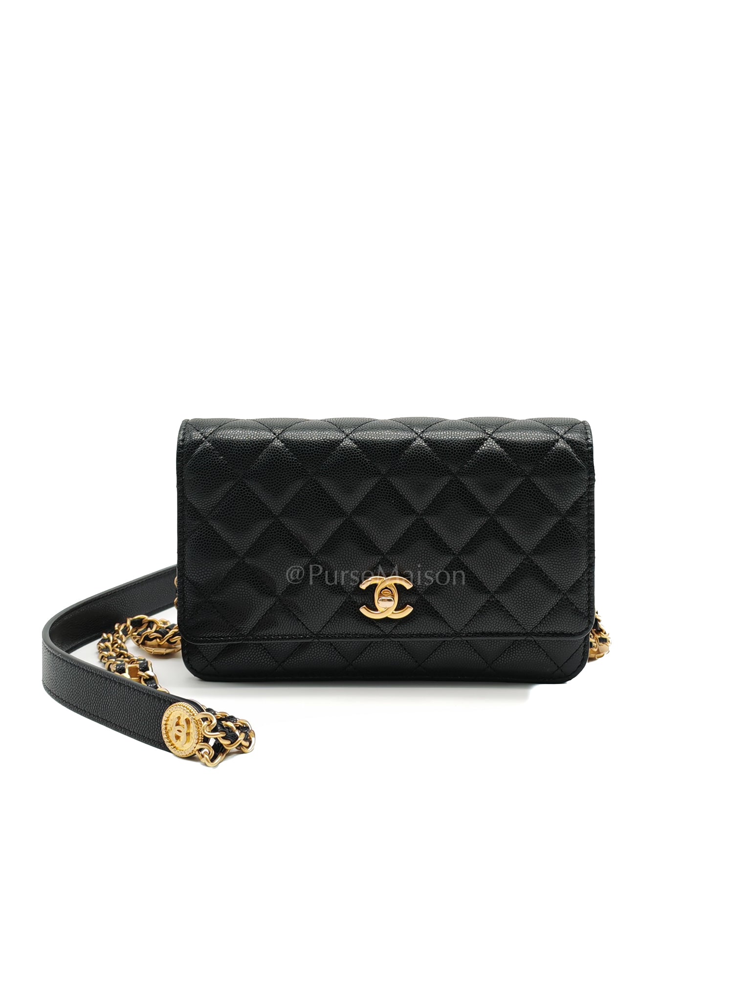 Gold Coin Wallet On Chain(WOC) Black Caviar Leather Aged Gold Hardware (Microchip) | Purse Maison Luxury Bags Shop