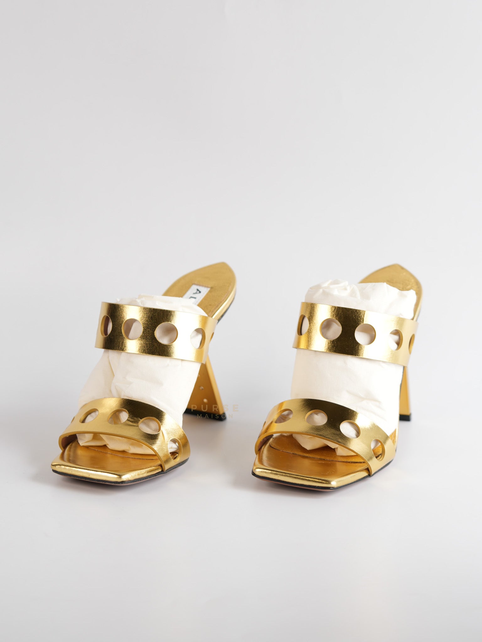 Gold Metallic Perfo Leather Sandals Perforated Heels Size 36 EU(22.5cm) | Purse Maison Luxury Bags Shop