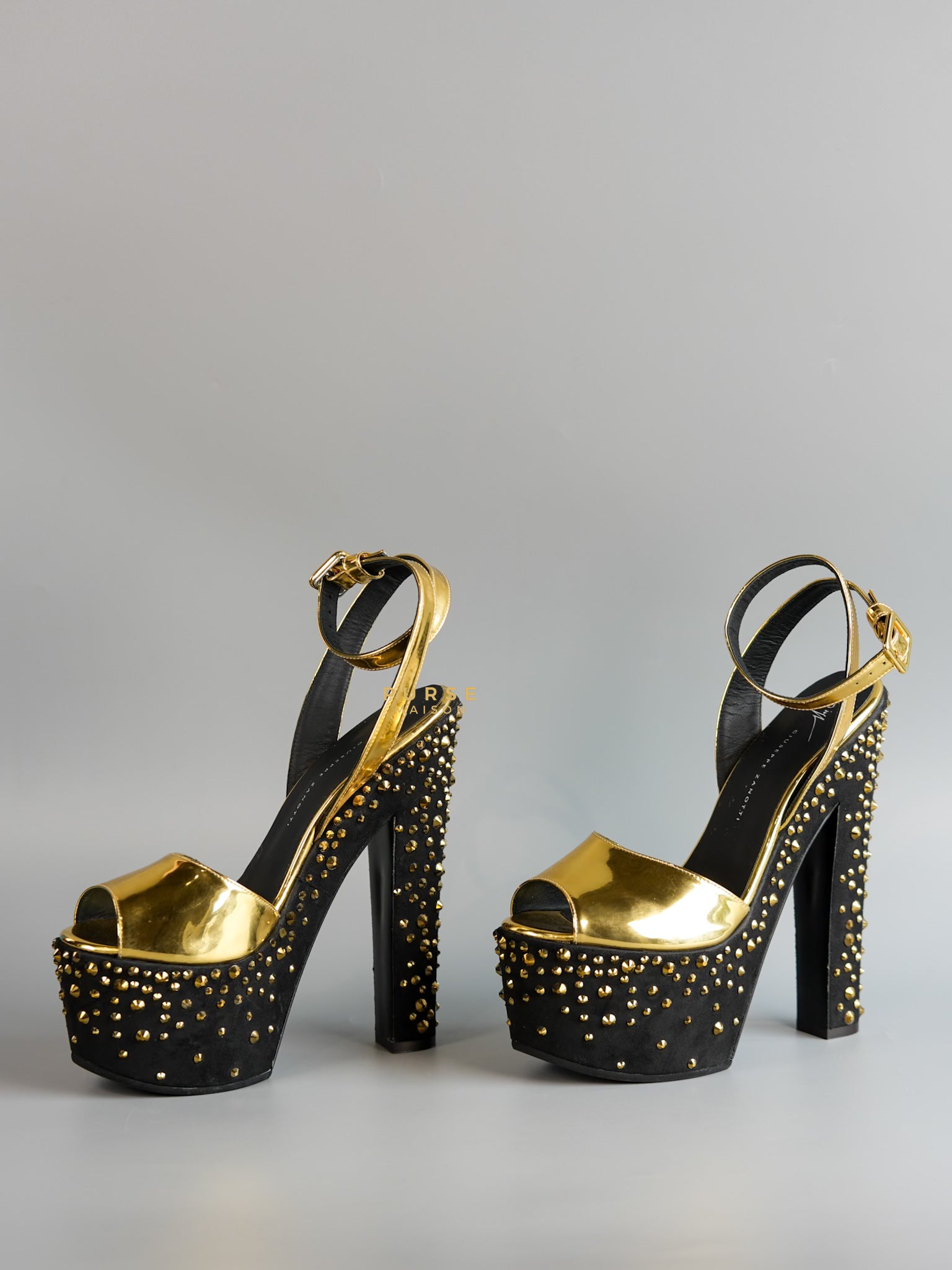 Gold Platform Crystal Stud Chunky Block Heel Sandals Women