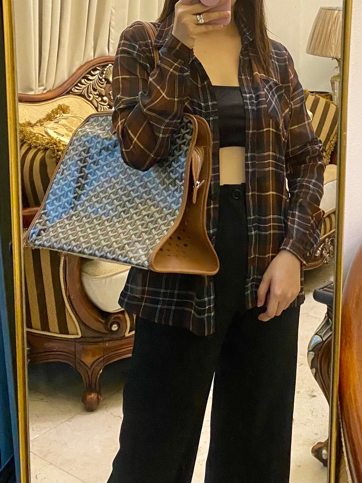 Goyard Hardy PM Tote Bag Black Tan with Entrupy Purse