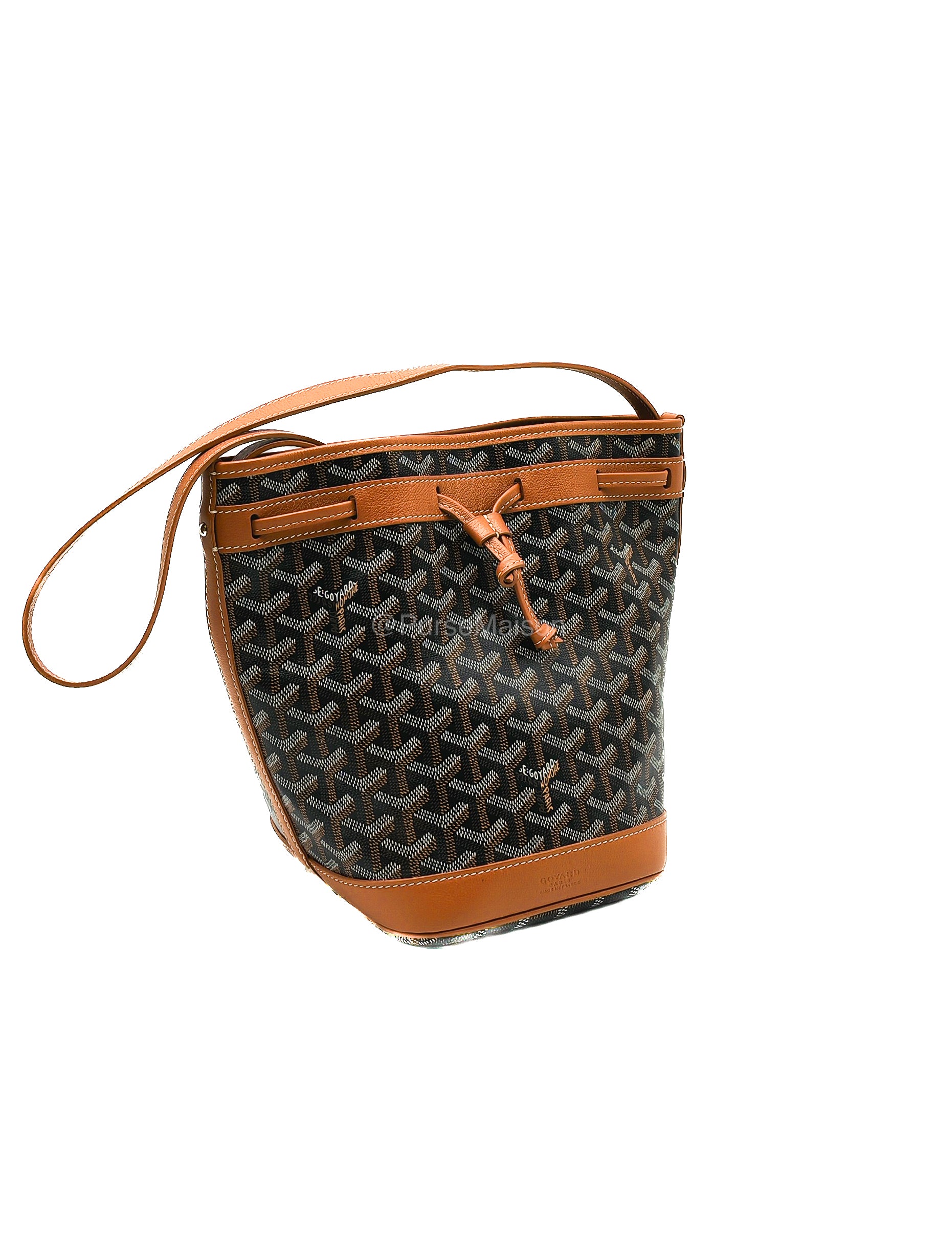 Goyard Petit Flot Bucket Bag in Black/Tan Goyardine Canvas | Purse Maison Luxury Bags Shop