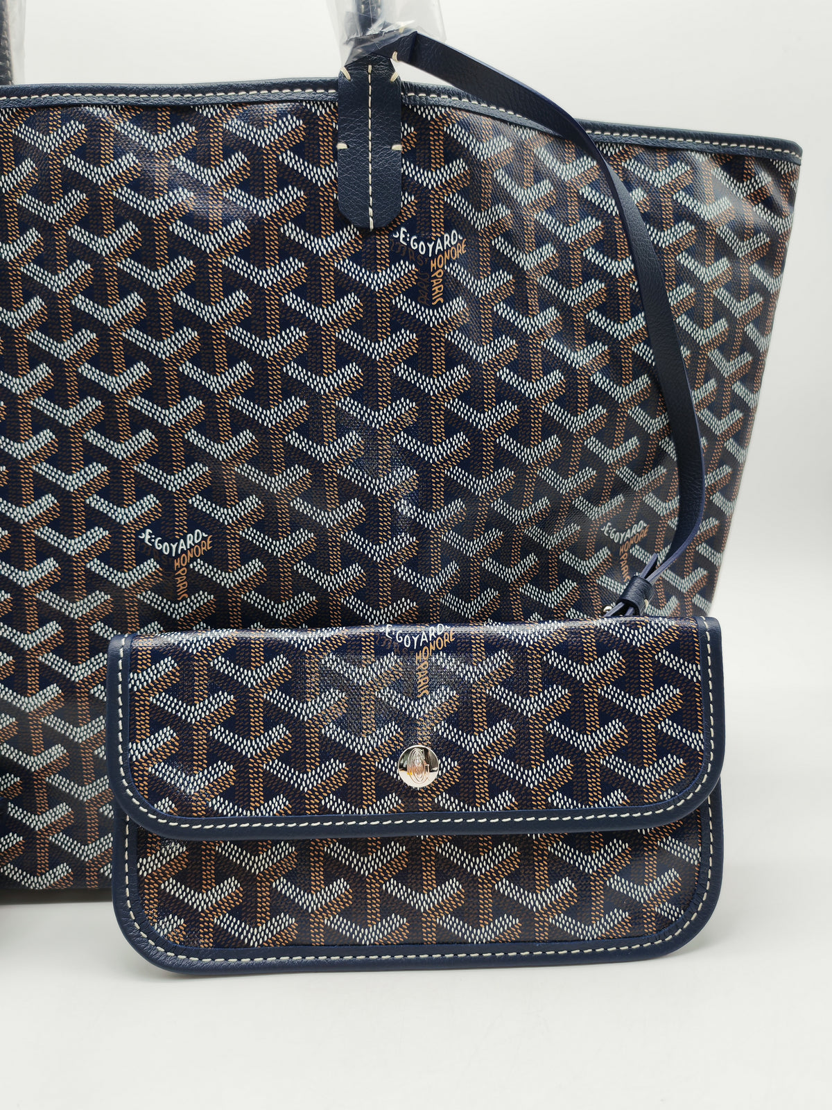 Goyard Saint Louis PM in Navy Blue Goyardine Canvas with Croc Universal Clip Charm | Purse Maison Luxury Bags Shop