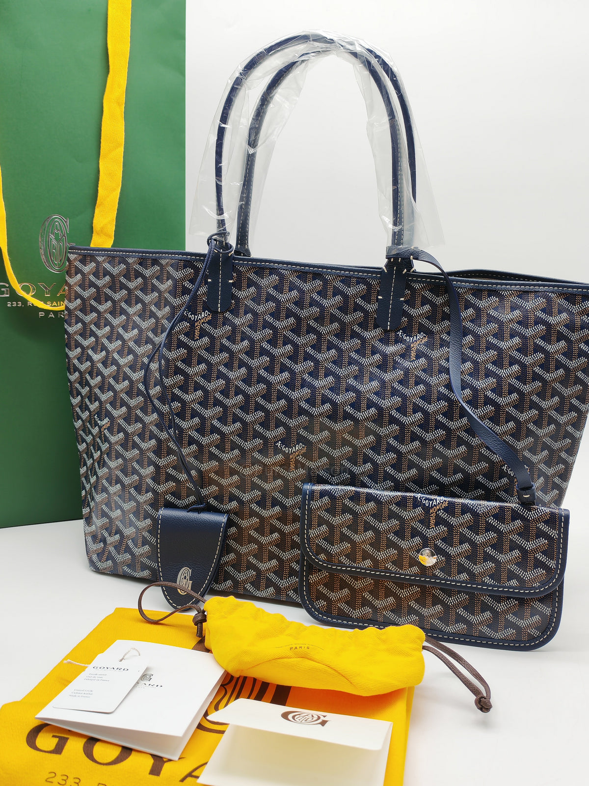 Goyard Saint Louis PM in Navy Blue Goyardine Canvas with Croc Universal Clip Charm | Purse Maison Luxury Bags Shop