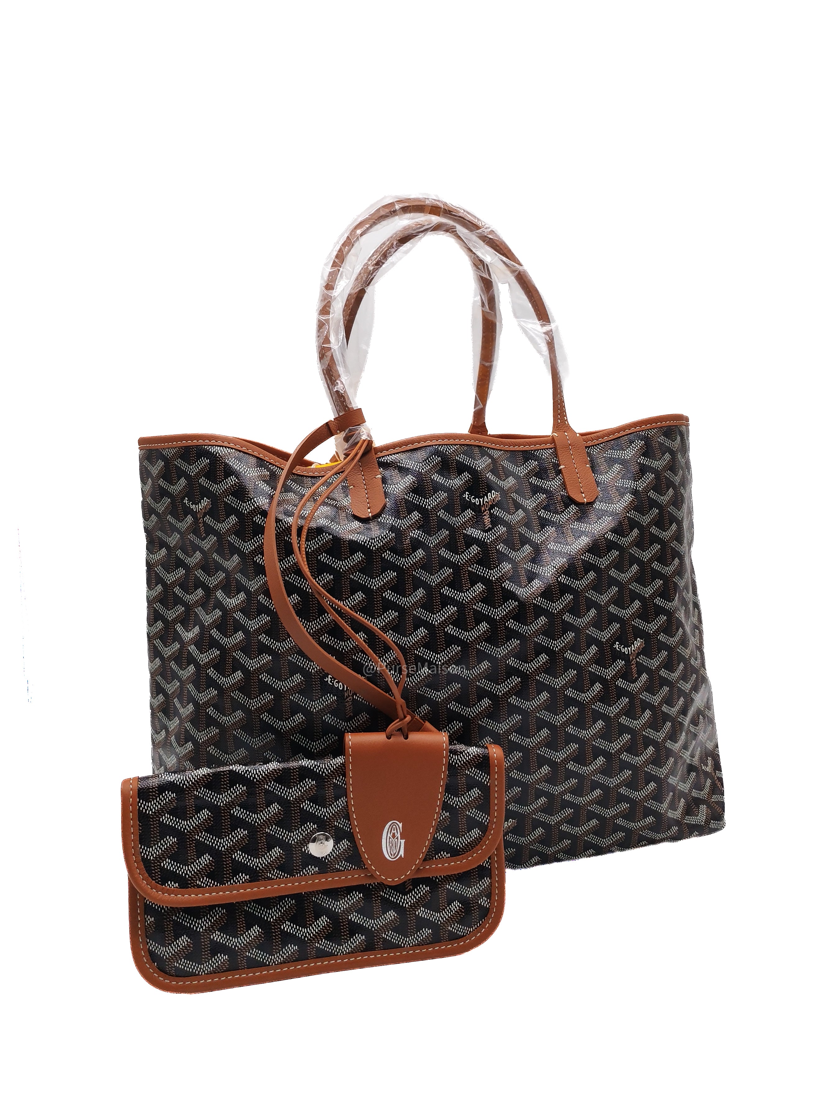 Goyard Saint Louis PM Tote Bag in Noir et Naturel/Tan Goyardine Canvas with Croc Universel Clip Charm