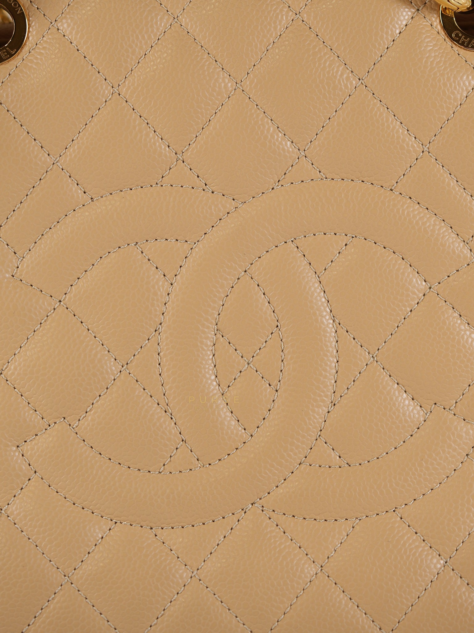 Grand Shopping Tote Bag (GST) in Beige Quilted Caviar Leather Gold Hardware Series 17 | Purse Maison Luxury Bags Shop