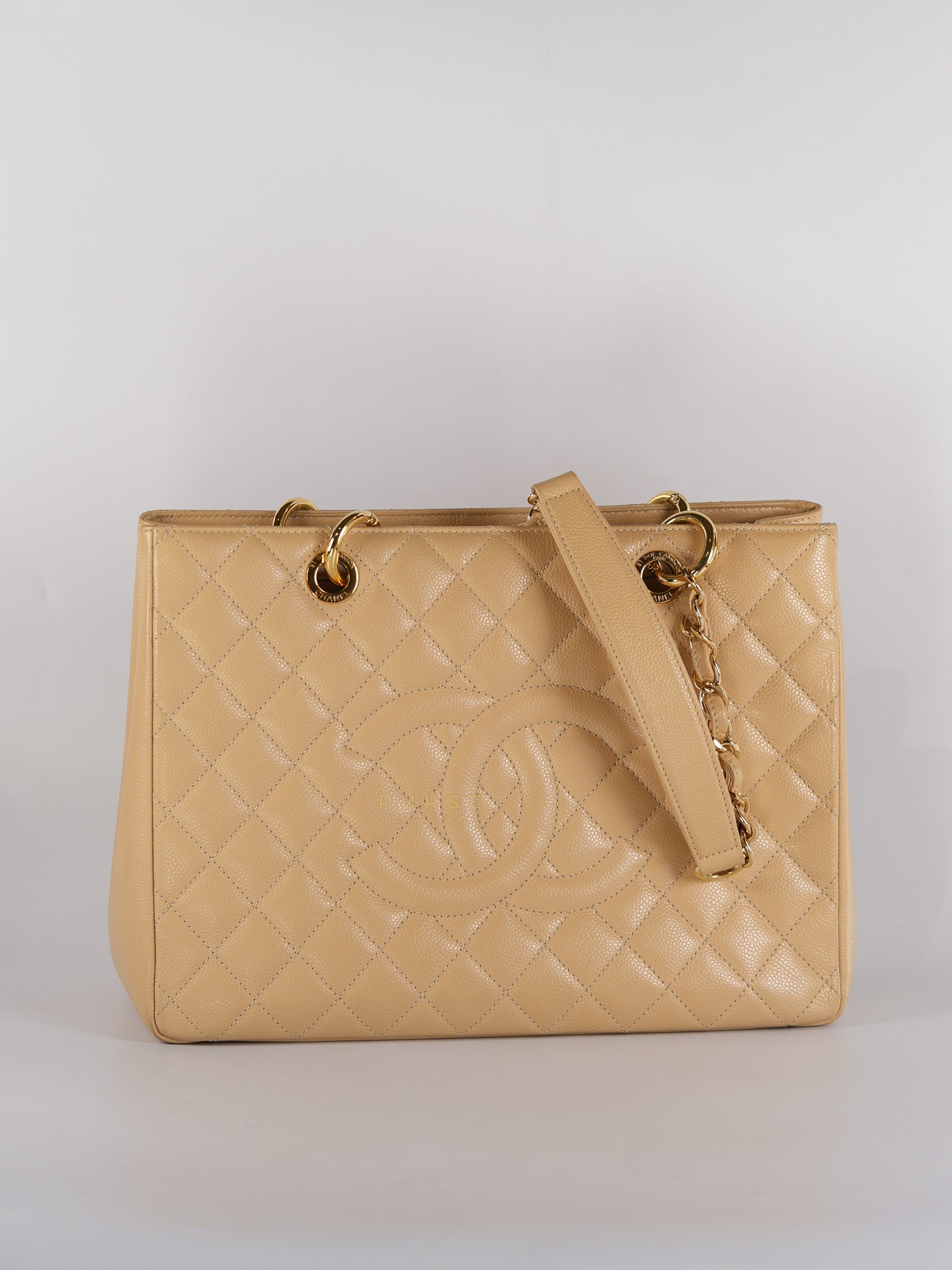 Grand Shopping Tote Bag (GST) in Beige Quilted Caviar Leather Gold Hardware Series 17 | Purse Maison Luxury Bags Shop