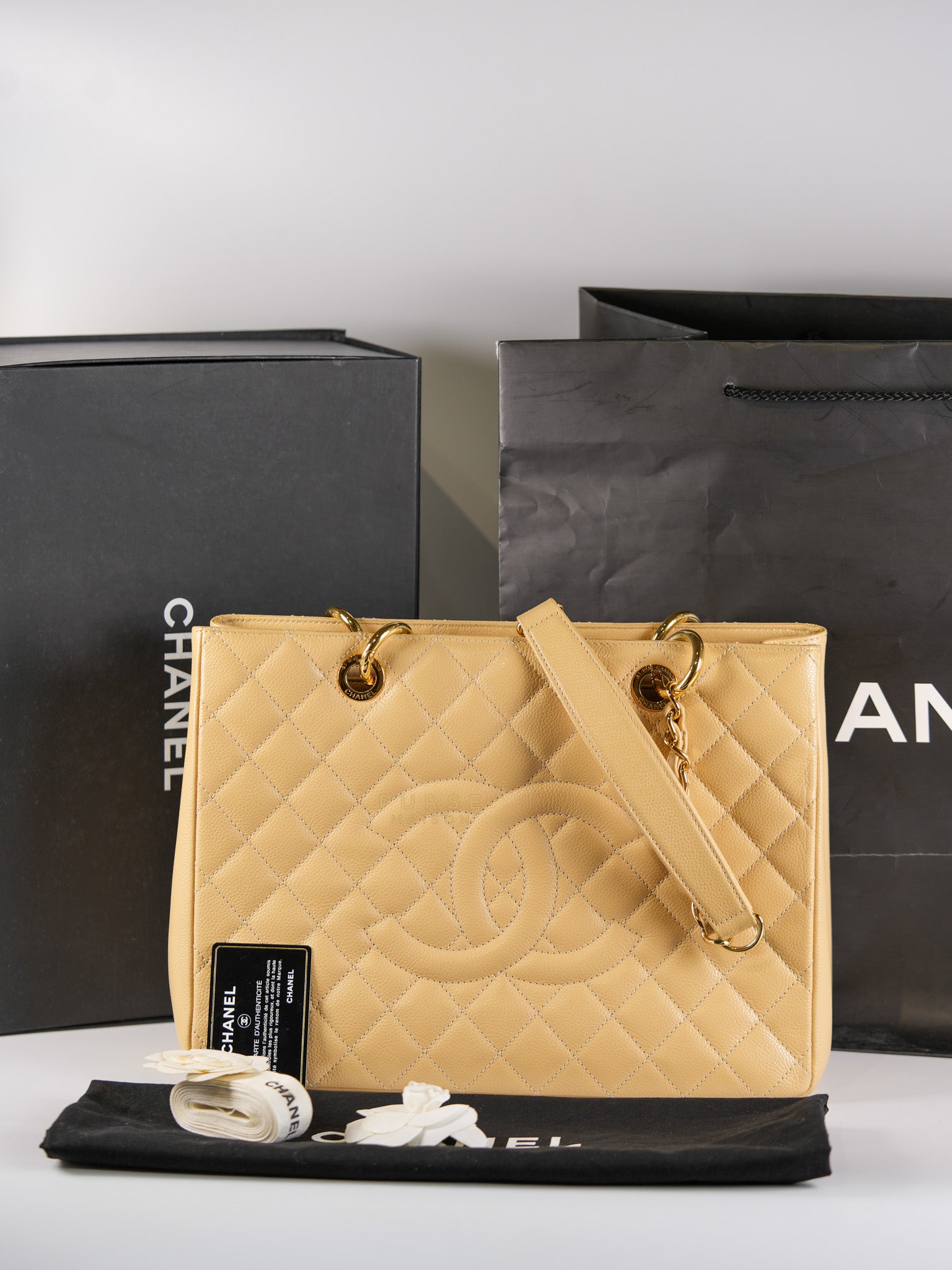 Grand Shopping Tote Bag (GST) in Beige Quilted Caviar Leather Gold Hardware Series 17 | Purse Maison Luxury Bags Shop