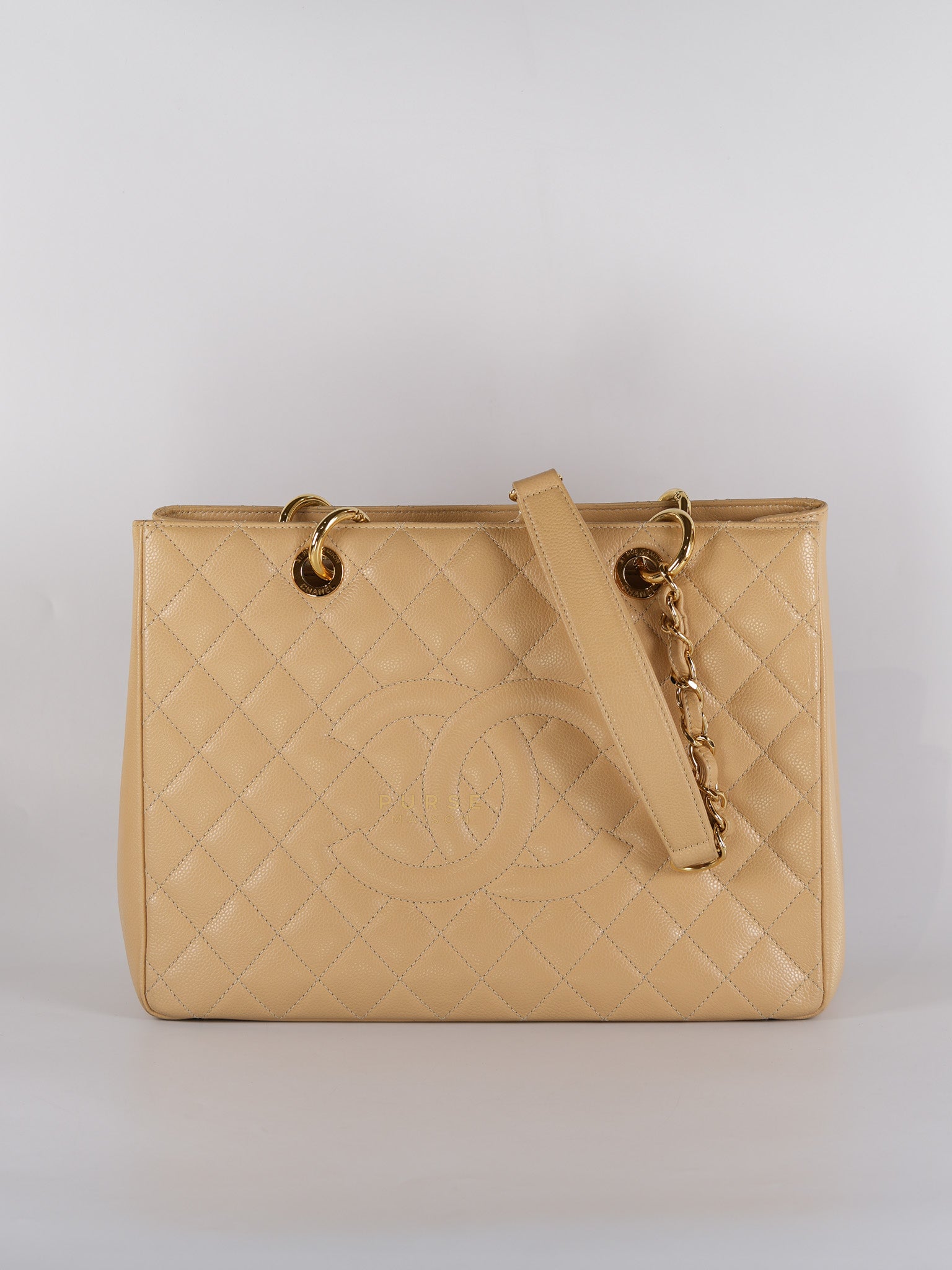 Grand Shopping Tote Bag (GST) in Beige Quilted Caviar Leather Gold Hardware Series 17 | Purse Maison Luxury Bags Shop