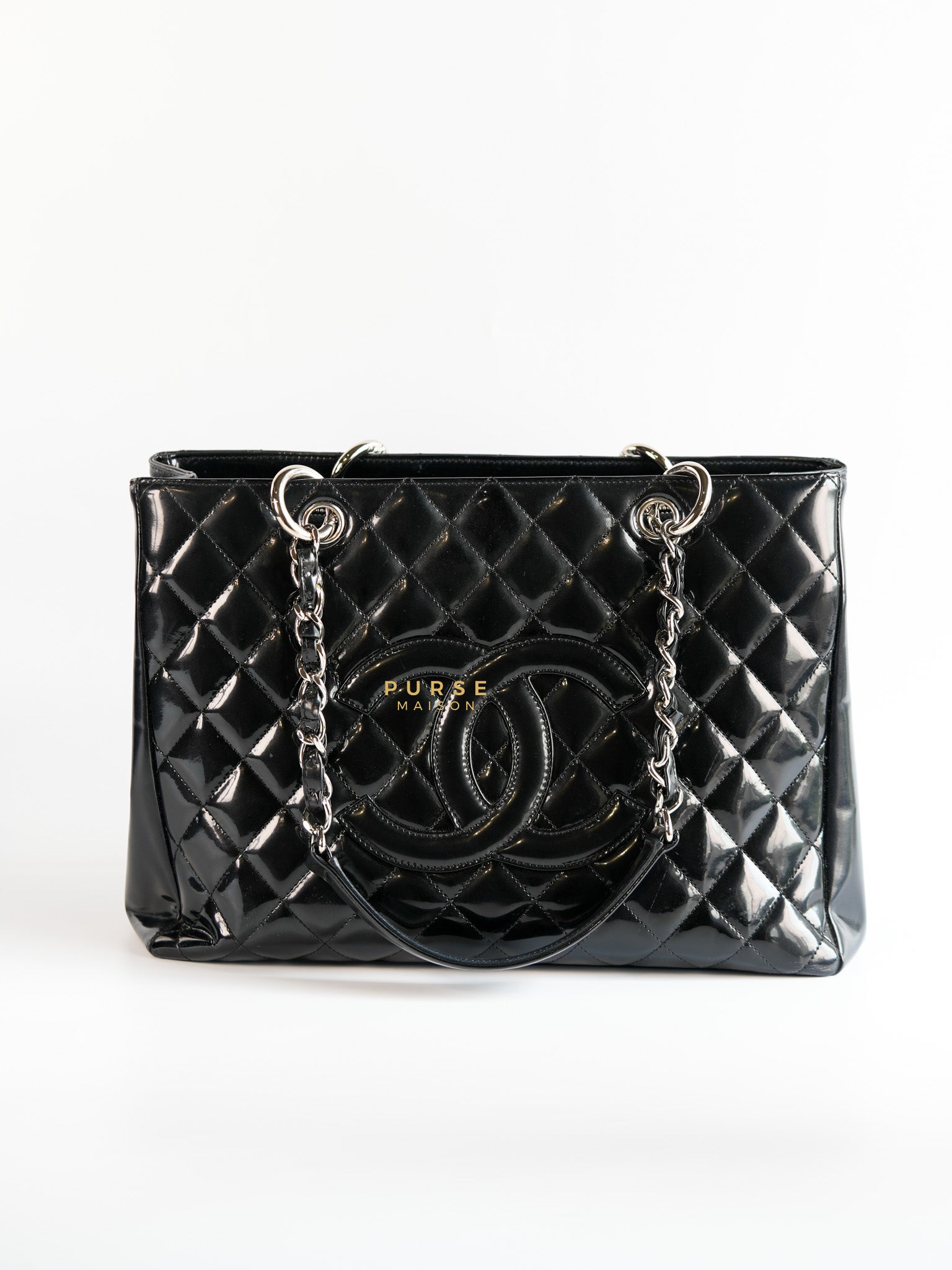 Grand Shopping Tote Black Quilted Patent Leather Silver