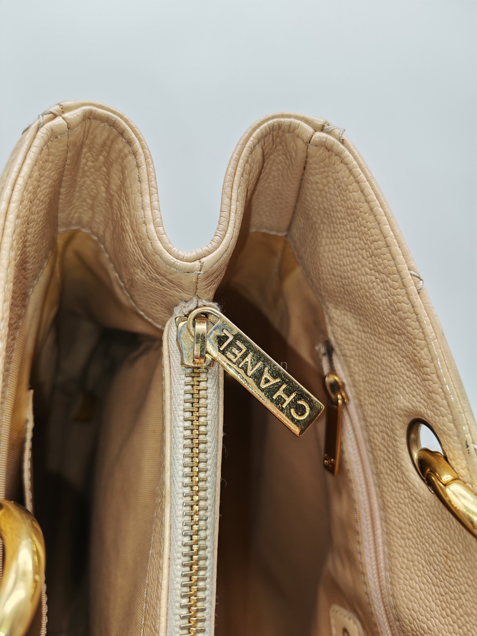Grand Shopping Tote (GST) Beige Caviar Leather Gold Hardware Series 12 | Purse Maison Luxury Bags Shop