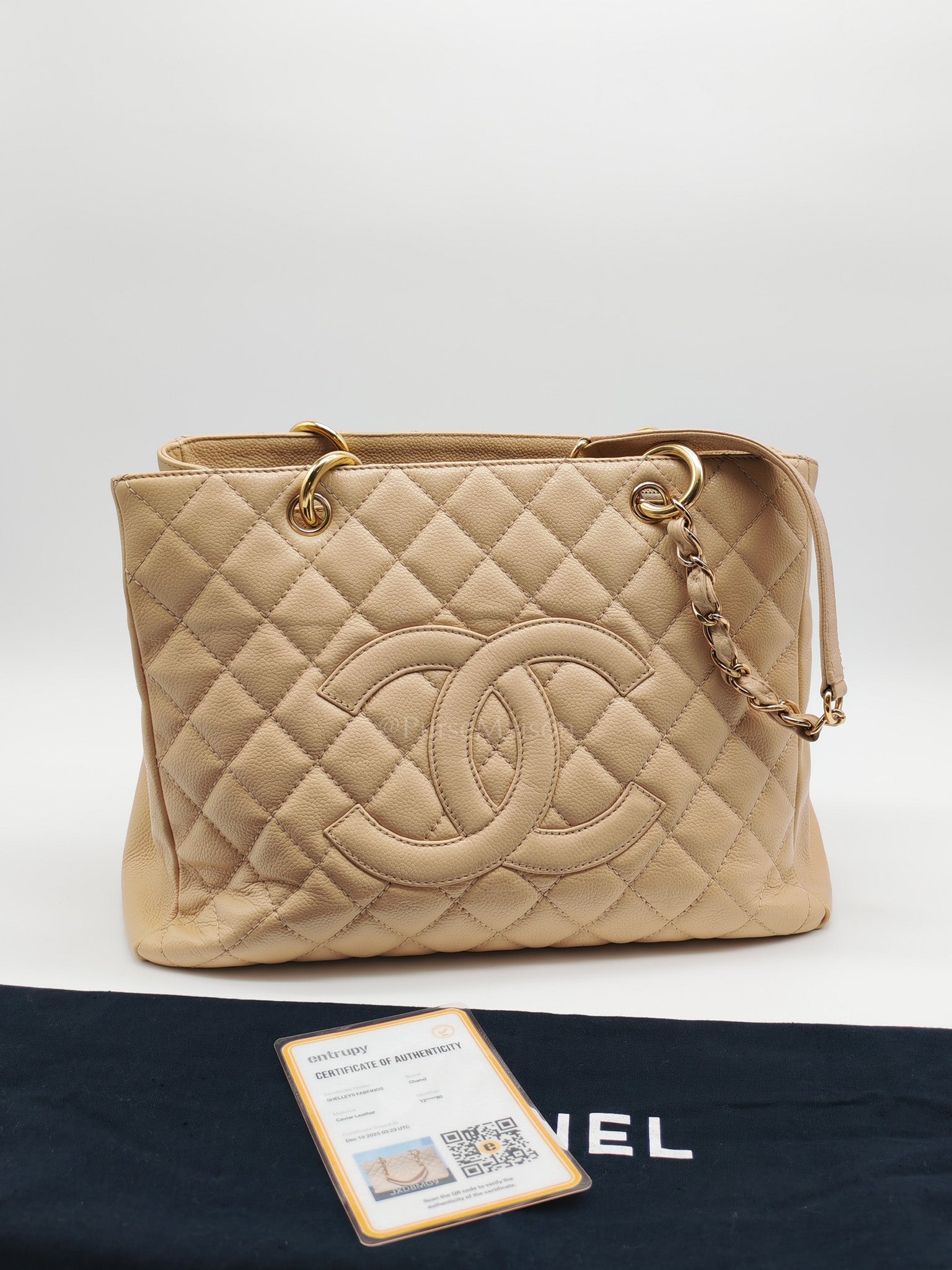 Grand Shopping Tote (GST) Beige Caviar Leather Gold Hardware Series 12 | Purse Maison Luxury Bags Shop