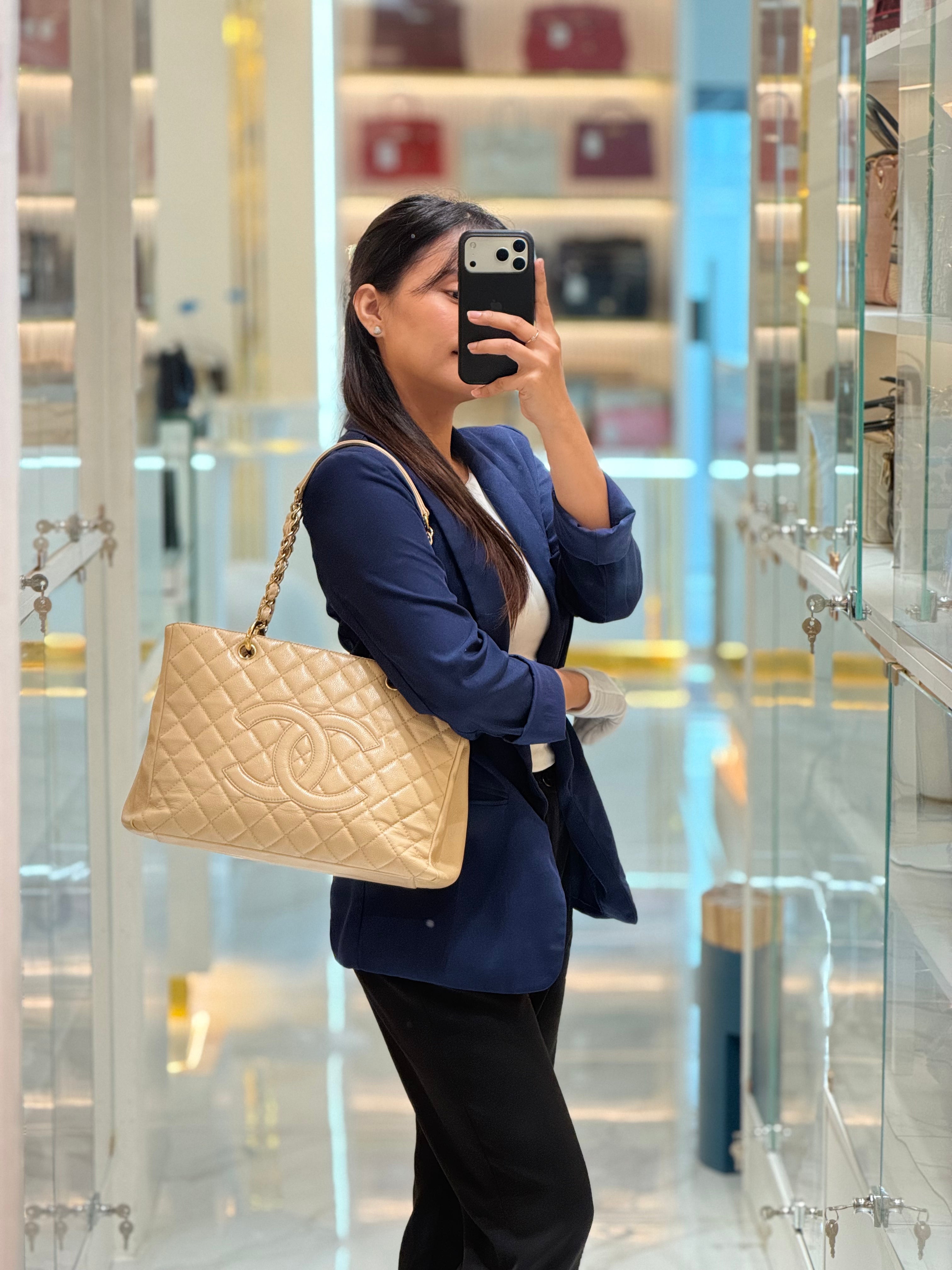 Grand Shopping Tote (GST) Beige Caviar Leather Gold Hardware Series 12 | Purse Maison Luxury Bags Shop