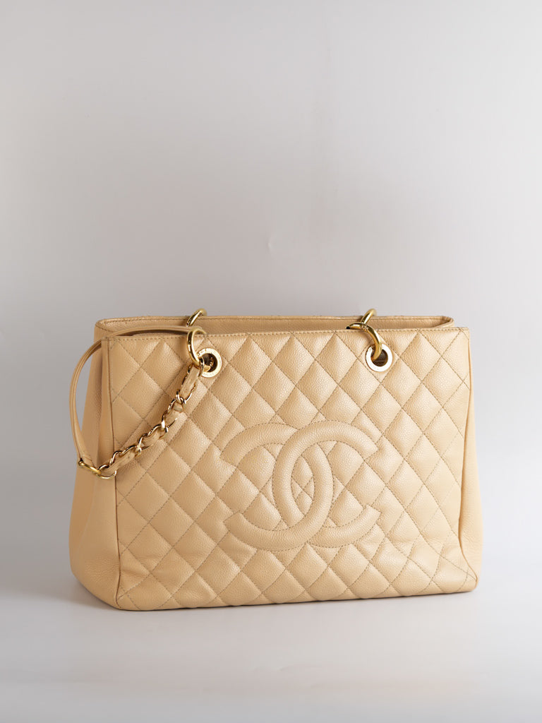 Grand Shopping Tote (GST) in Beige Clair Caviar Leather and Gold Hardware Series 15 | Purse Maison Luxury Bags Shop