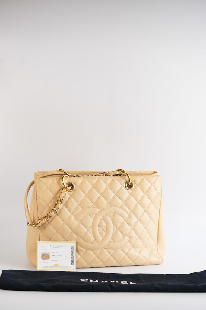 Grand Shopping Tote (GST) in Beige Clair Caviar Leather and Gold Hardware Series 15 | Purse Maison Luxury Bags Shop