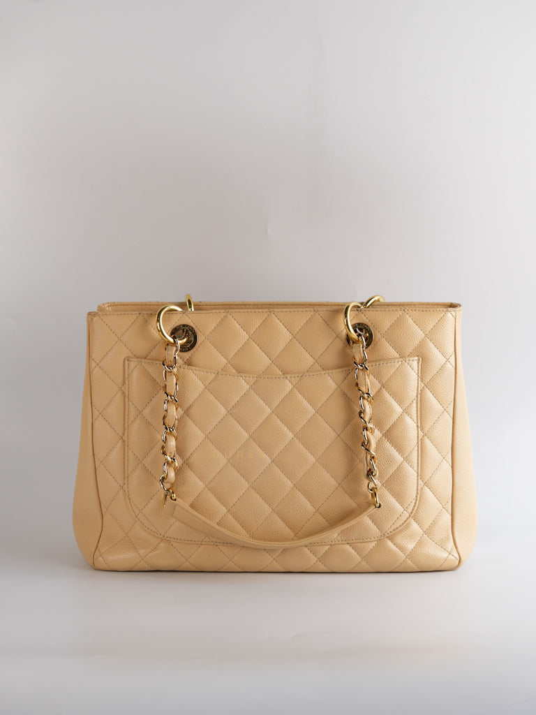 Grand Shopping Tote (GST) in Beige Clair Caviar Leather and Gold Hardware Series 15 | Purse Maison Luxury Bags Shop