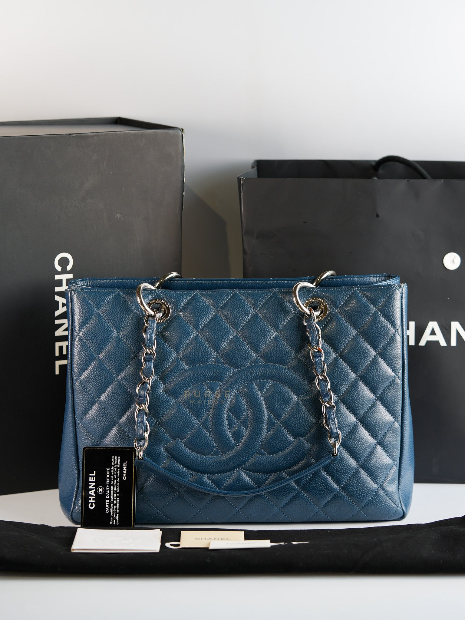 Grand Shopping Tote (GST) in Blue Quilted Caviar Leather and Silver Hardware Series 17 | Purse Maison Luxury Bags Shop