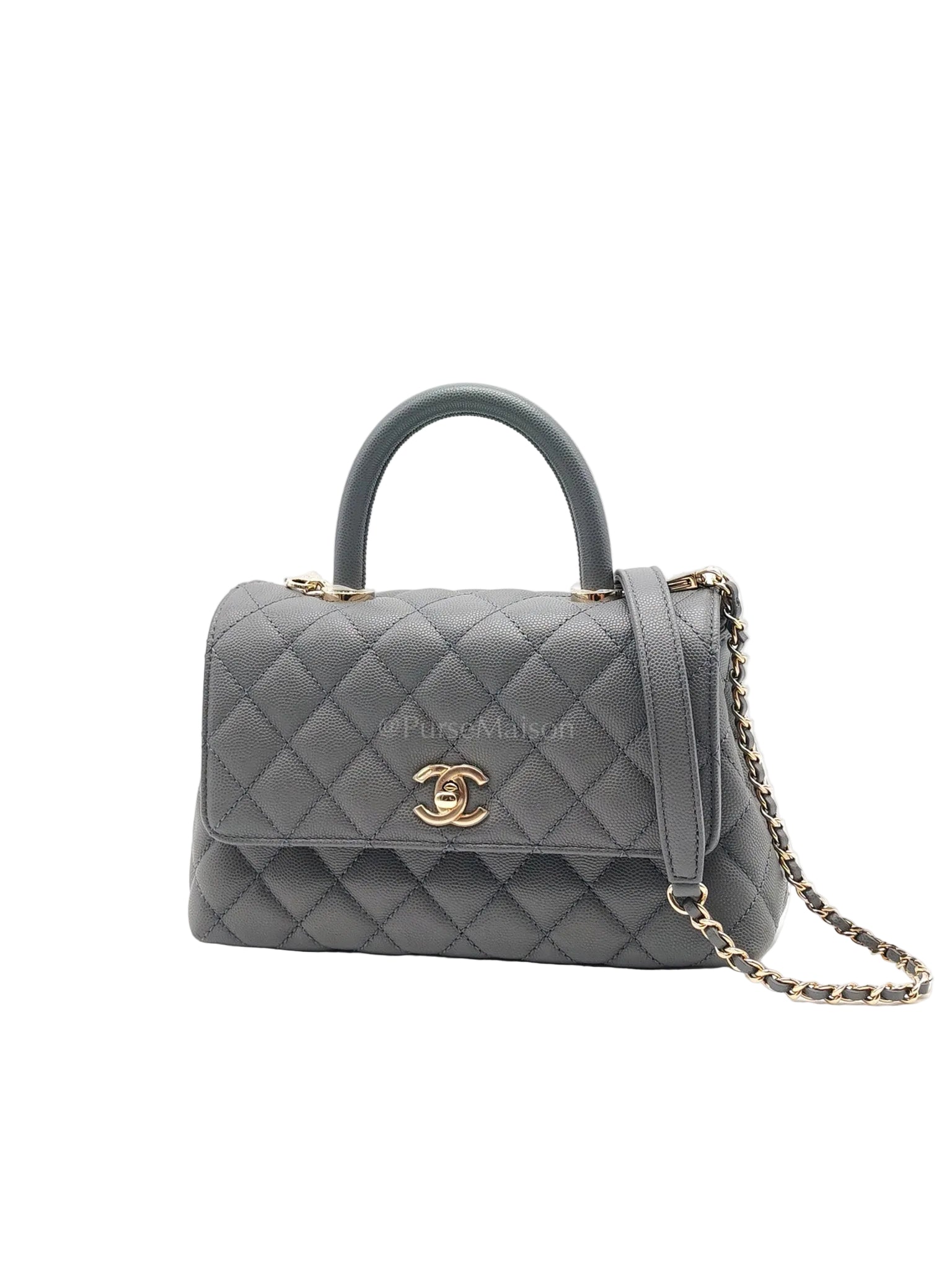 Coco Handle Small in Gray Quilted Caviar Leather & Light Gold Hardware Microchip