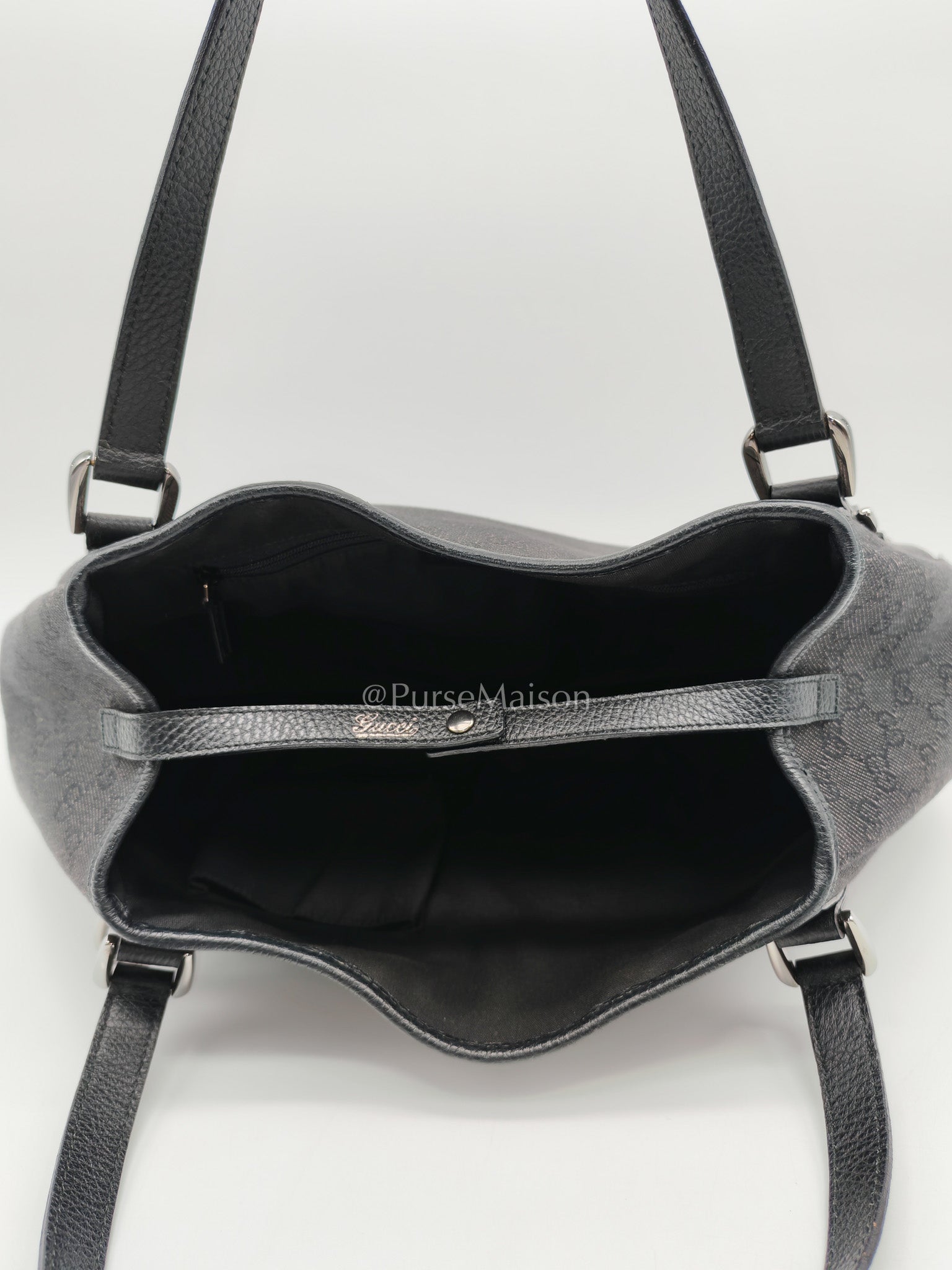 Gucci Abbey D-Ring Shoulder Bag in Black GG Supreme Denim Canvas | Purse Maison Luxury Bags Shop
