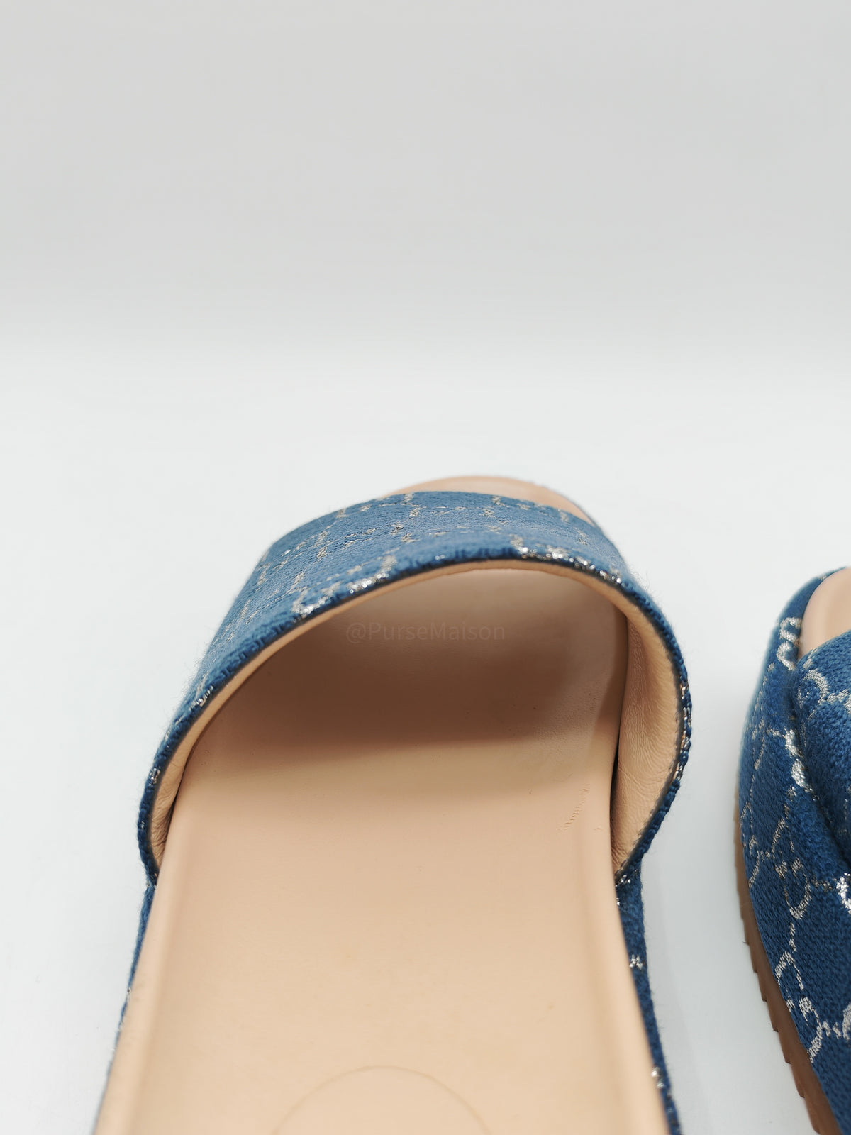 Gucci Angelina Platform 55mm Slide Sandals in Blue Tea New Denim GG Monogram Size 37 Eu (25 cm) | Purse Maison Luxury Bags Shop