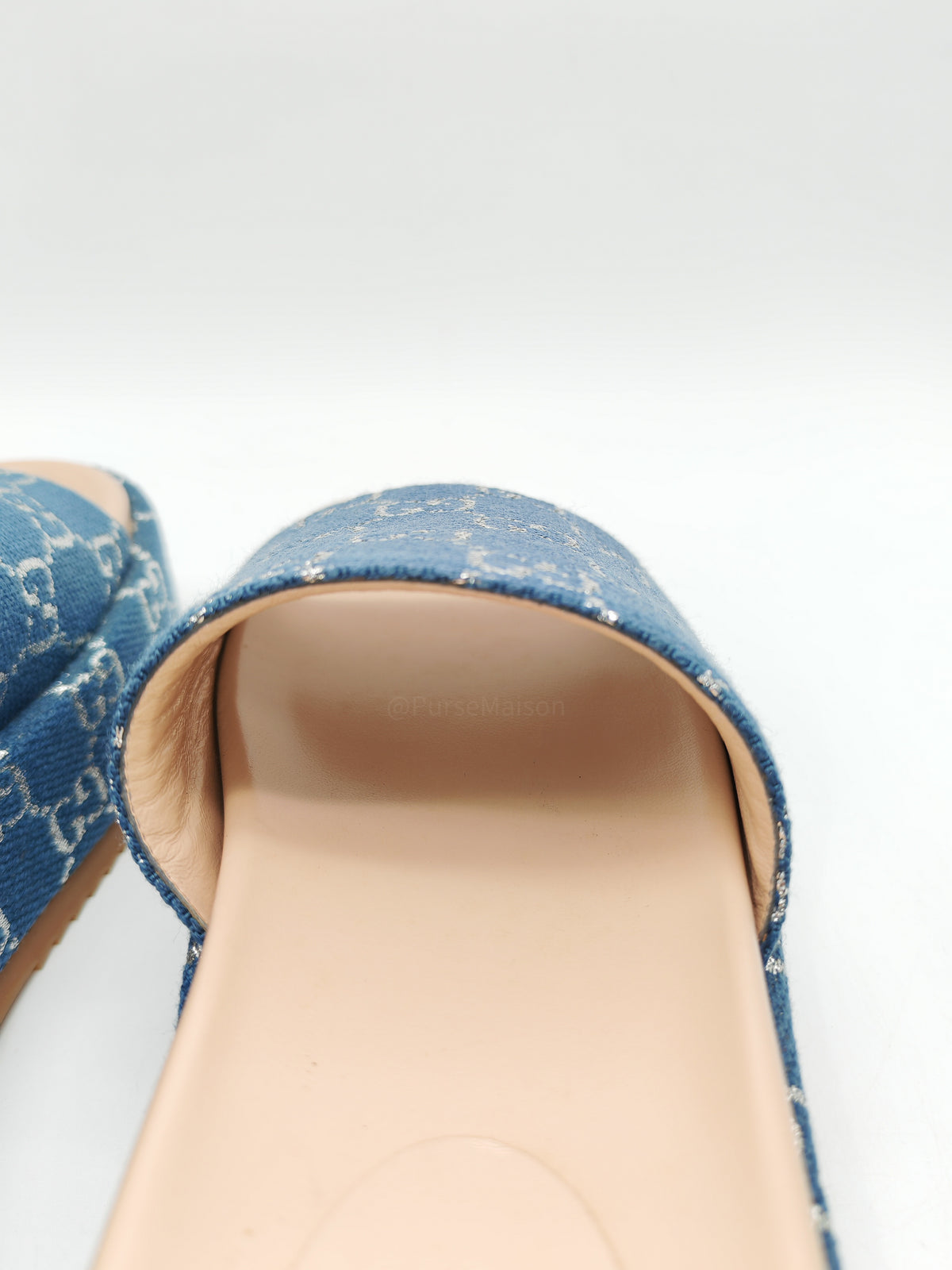Gucci Angelina Platform 55mm Slide Sandals in Blue Tea New Denim GG Monogram Size 37 Eu (25 cm) | Purse Maison Luxury Bags Shop