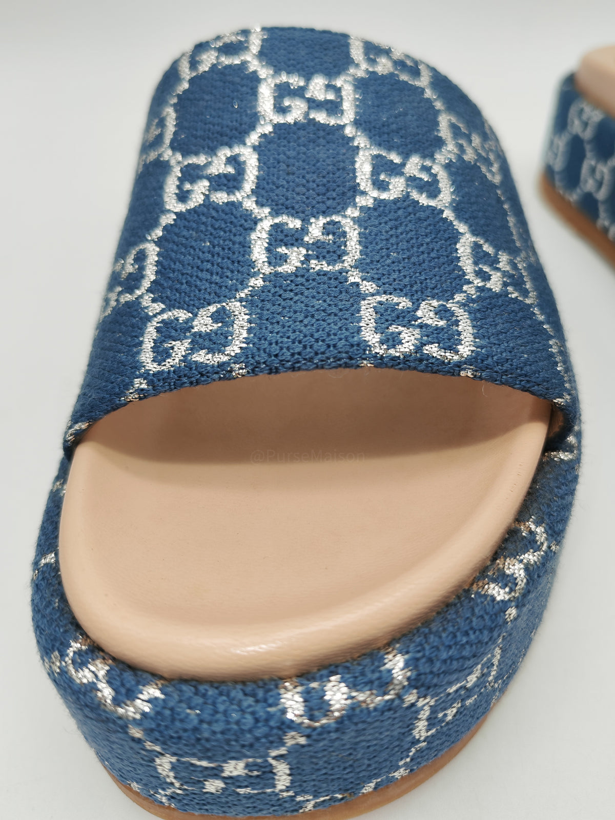 Gucci Angelina Platform 55mm Slide Sandals in Blue Tea New Denim GG Monogram Size 37 Eu (25 cm) | Purse Maison Luxury Bags Shop