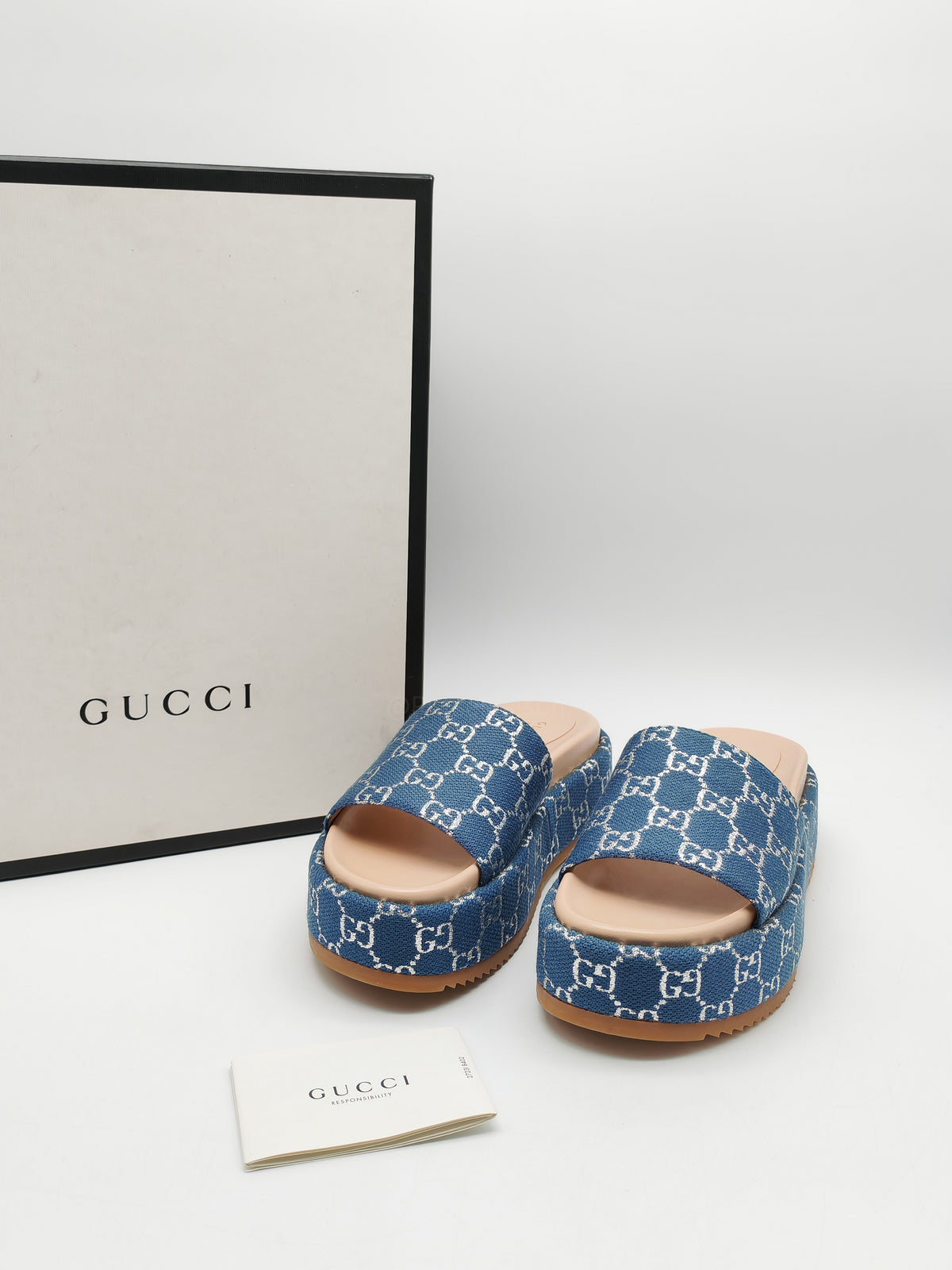 Gucci Angelina Platform 55mm Slide Sandals in Blue Tea New Denim GG Monogram Size 37 Eu (25 cm) | Purse Maison Luxury Bags Shop