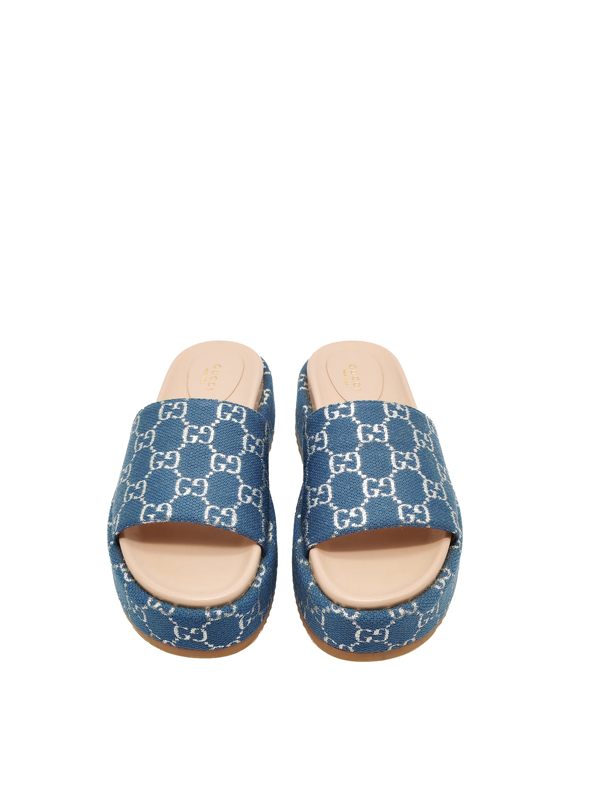 Gucci Angelina Platform 55mm Slide Sandals in Blue Tea New Denim GG Monogram Size 37 Eu (25 cm) | Purse Maison Luxury Bags Shop