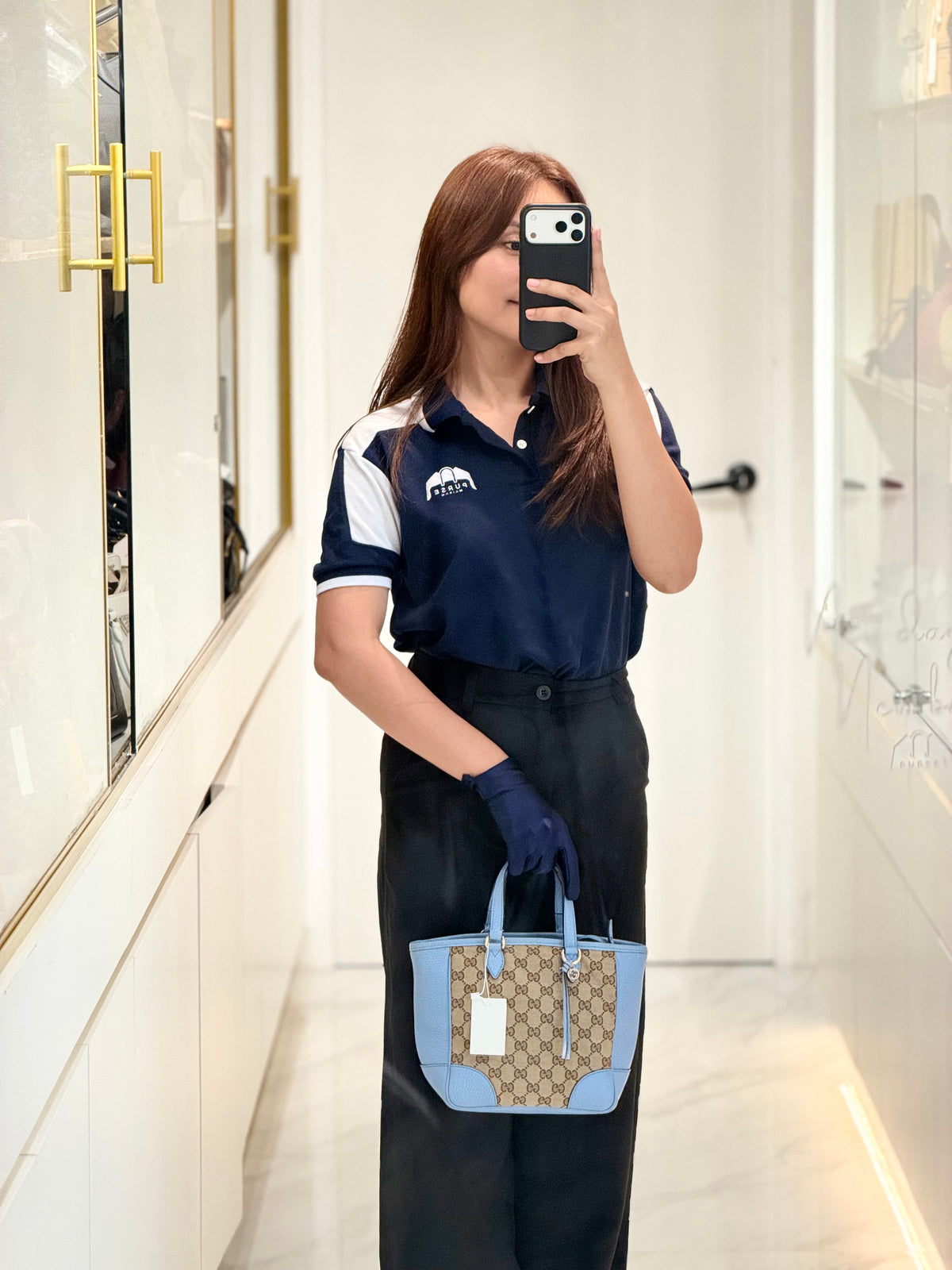 Gucci Bree Tote Bag Small in GG Supreme Canvas and Light Blue Leather | Purse Maison Luxury Bags Shop