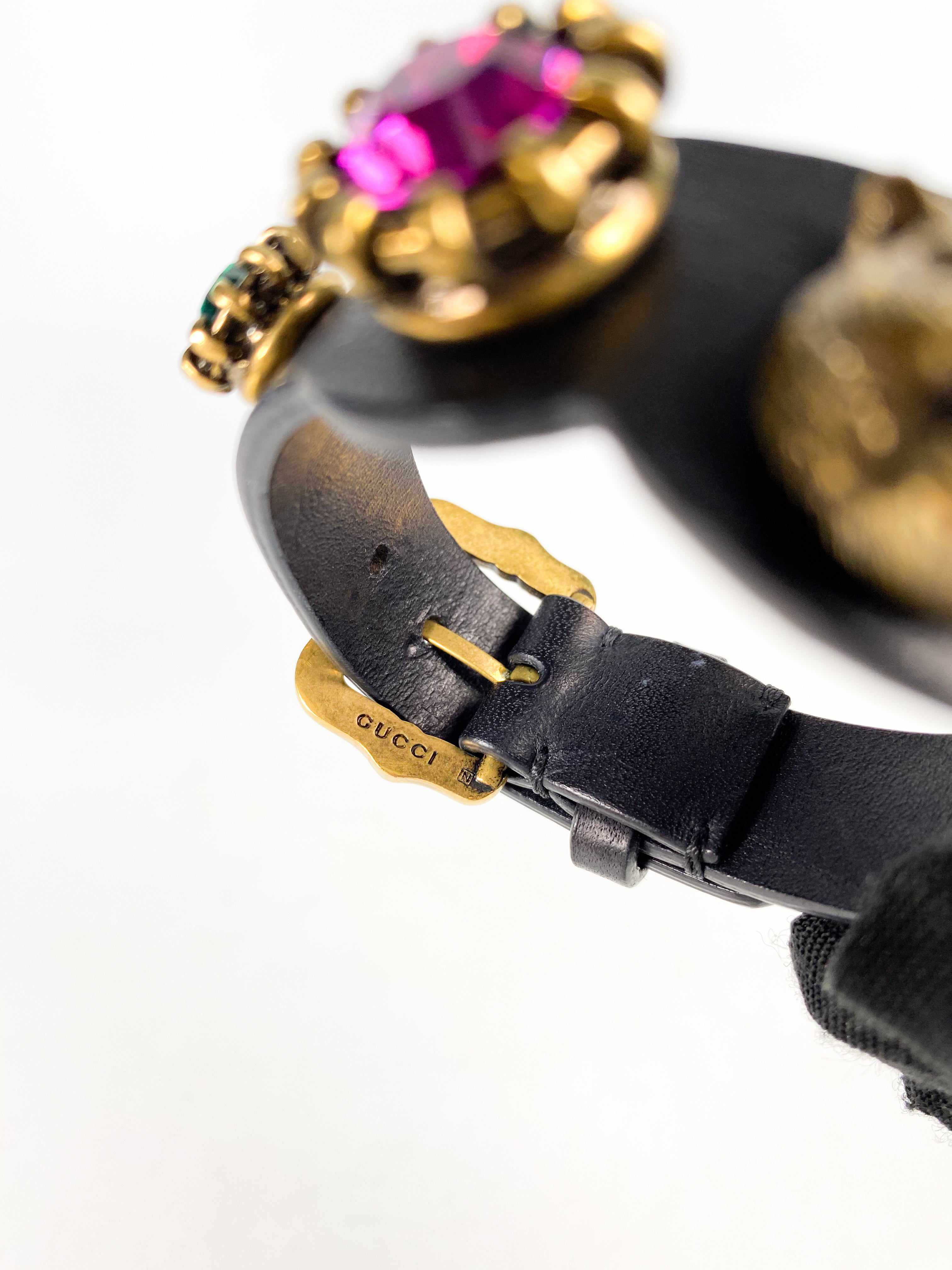 Gucci Feline Head and Crystal Black Leather Bracelet