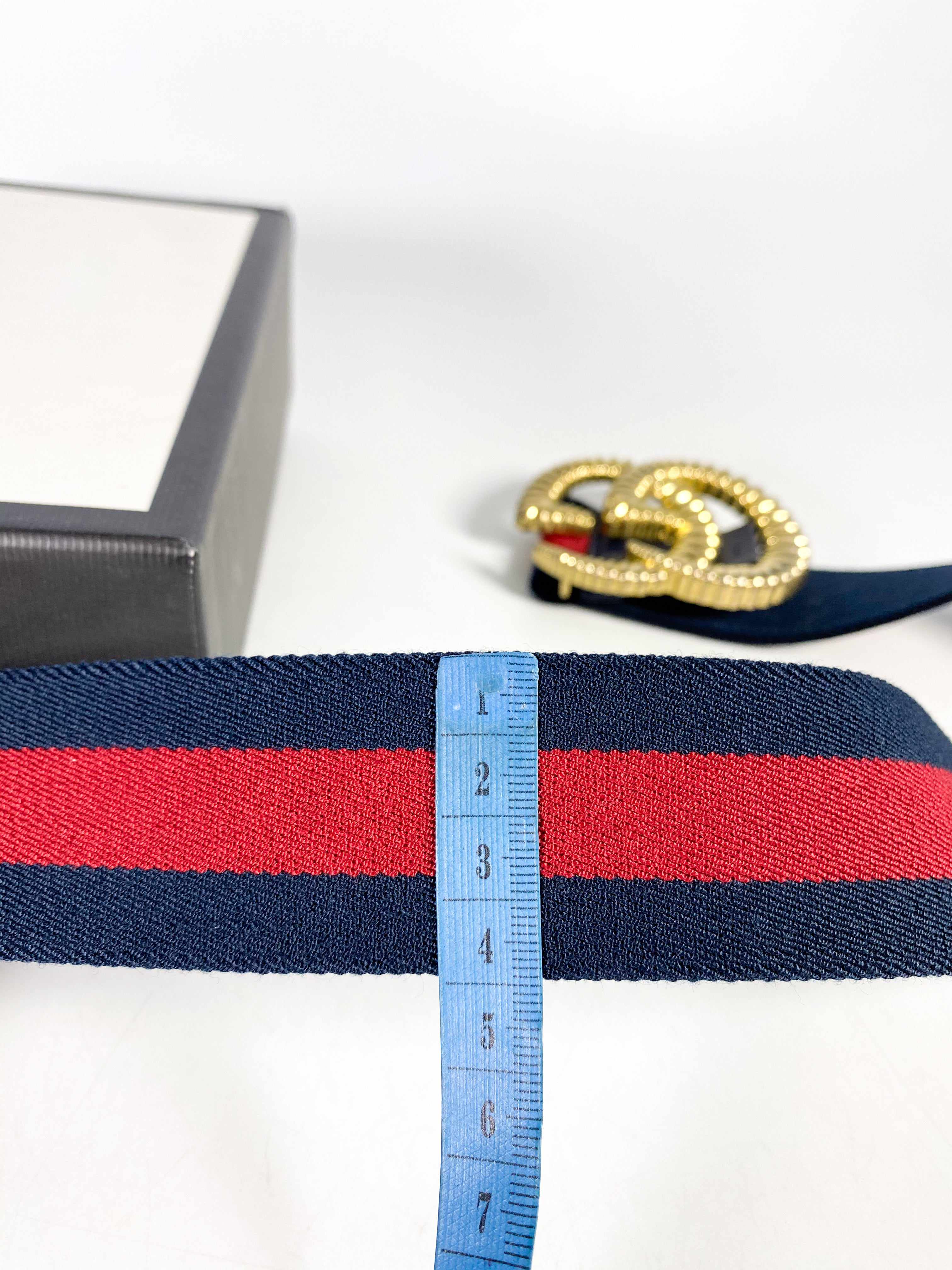 Gucci GG Buckle and Navy Blue/ Red Web Elastic Torchon Fabric Belt (85cm)