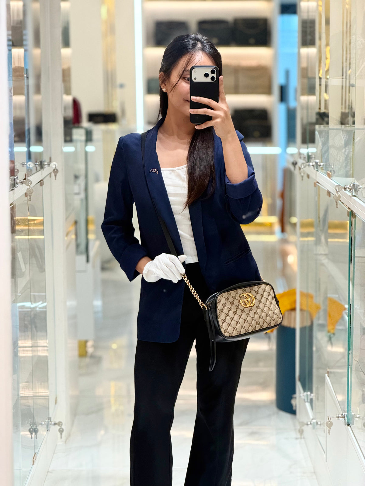 Gucci GG Marmont Camera Bag Small in Diagonal Monogram Matelasse Canvas and Gold Hardware | Purse Maison Luxury Bags Shop