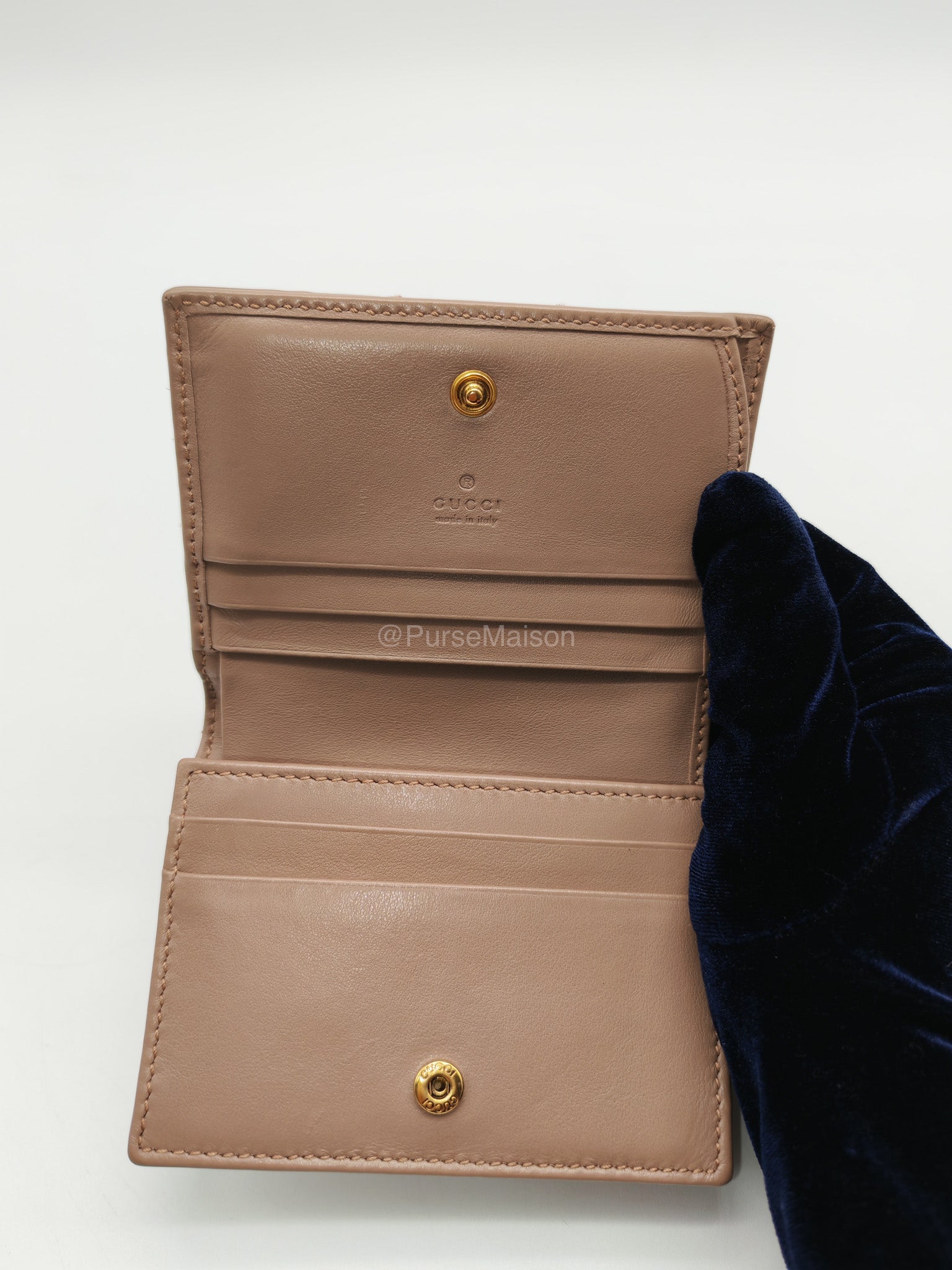 Gucci GG Marmont Card Case Wallet in Dusty Rose Chevron Matelasse Leather | Purse Maison Luxury Bags Shop