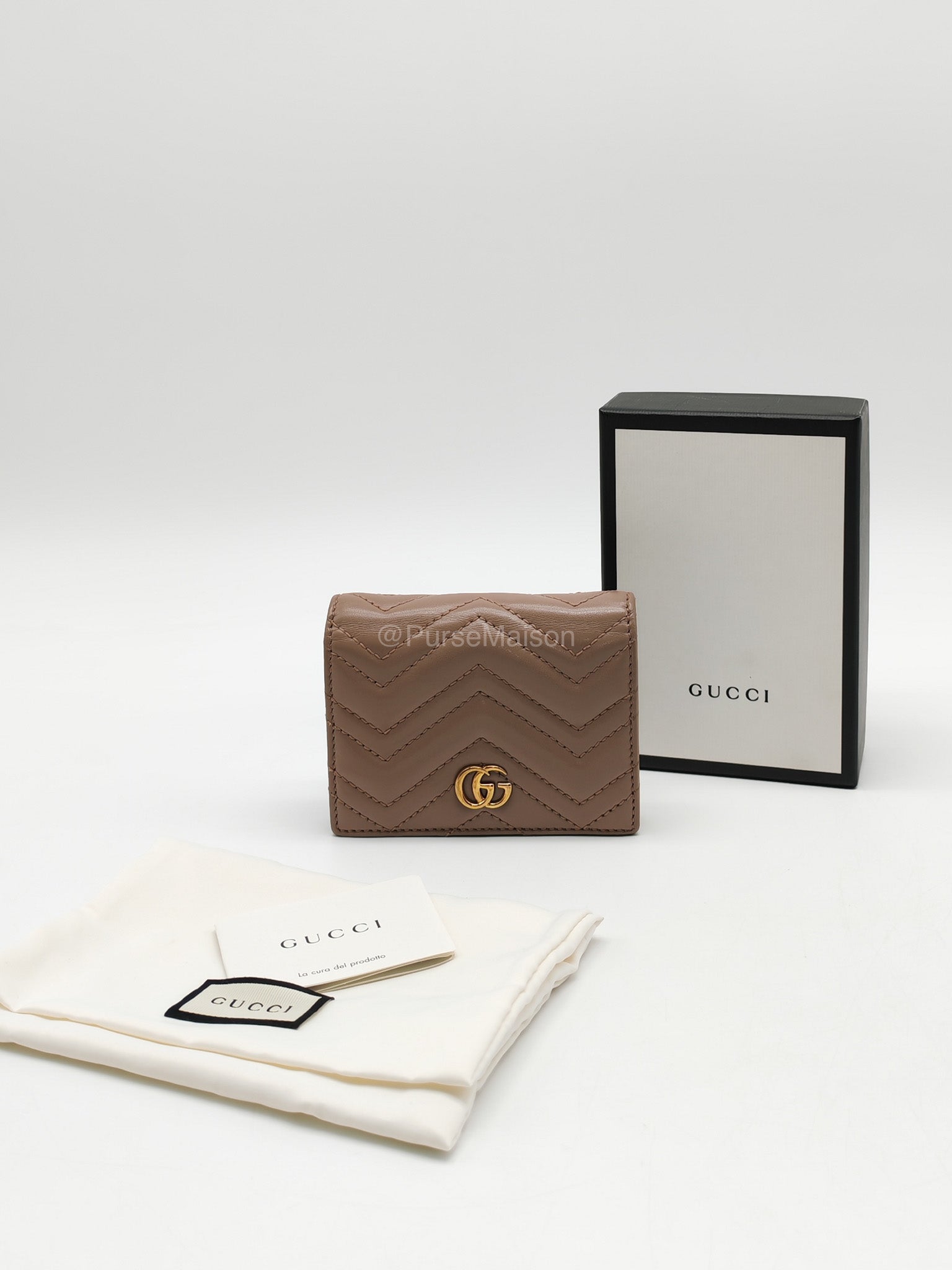 Gucci GG Marmont Card Case Wallet in Dusty Rose Chevron Matelasse Leather | Purse Maison Luxury Bags Shop