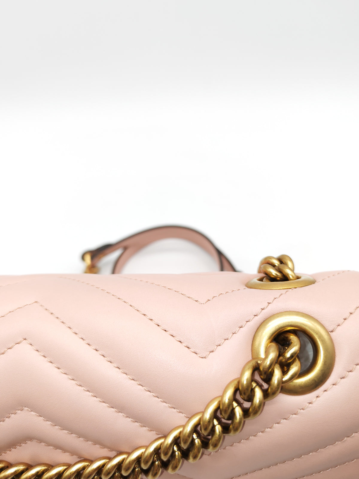 Gucci GG Marmont Small Shoulder Bag in Dusty Pink Chevron Quilted Matelasse Calfskin Leather and Aged Gold Hardware | Purse Maison Luxury Bags Shop