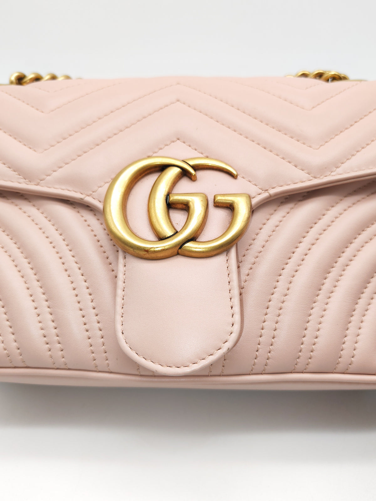 Gucci GG Marmont Small Shoulder Bag in Dusty Pink Chevron Quilted Matelasse Calfskin Leather and Aged Gold Hardware | Purse Maison Luxury Bags Shop