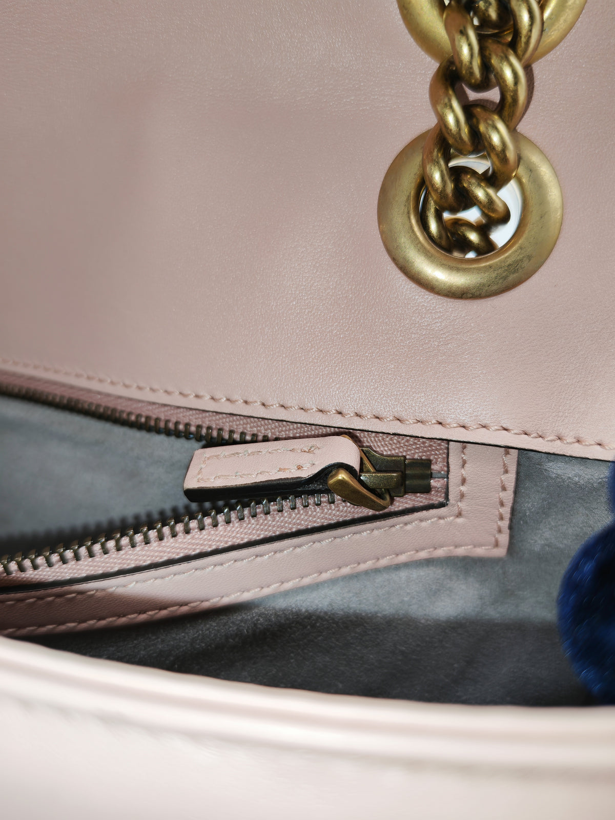 Gucci GG Marmont Small Shoulder Bag in Dusty Pink Chevron Quilted Matelasse Calfskin Leather and Aged Gold Hardware | Purse Maison Luxury Bags Shop