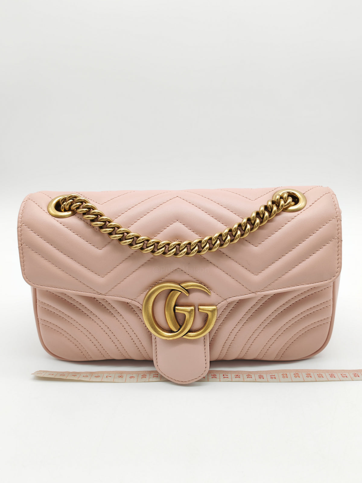 Gucci GG Marmont Small Shoulder Bag in Dusty Pink Chevron Quilted Matelasse Calfskin Leather and Aged Gold Hardware | Purse Maison Luxury Bags Shop