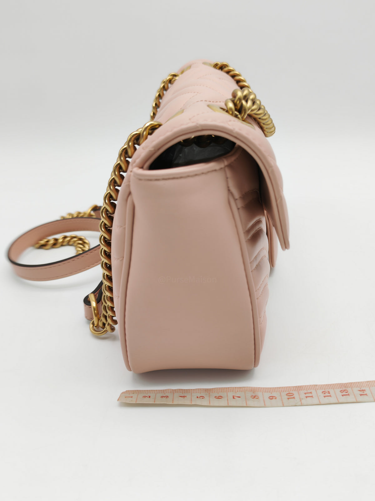 Gucci GG Marmont Small Shoulder Bag in Dusty Pink Chevron Quilted Matelasse Calfskin Leather and Aged Gold Hardware | Purse Maison Luxury Bags Shop
