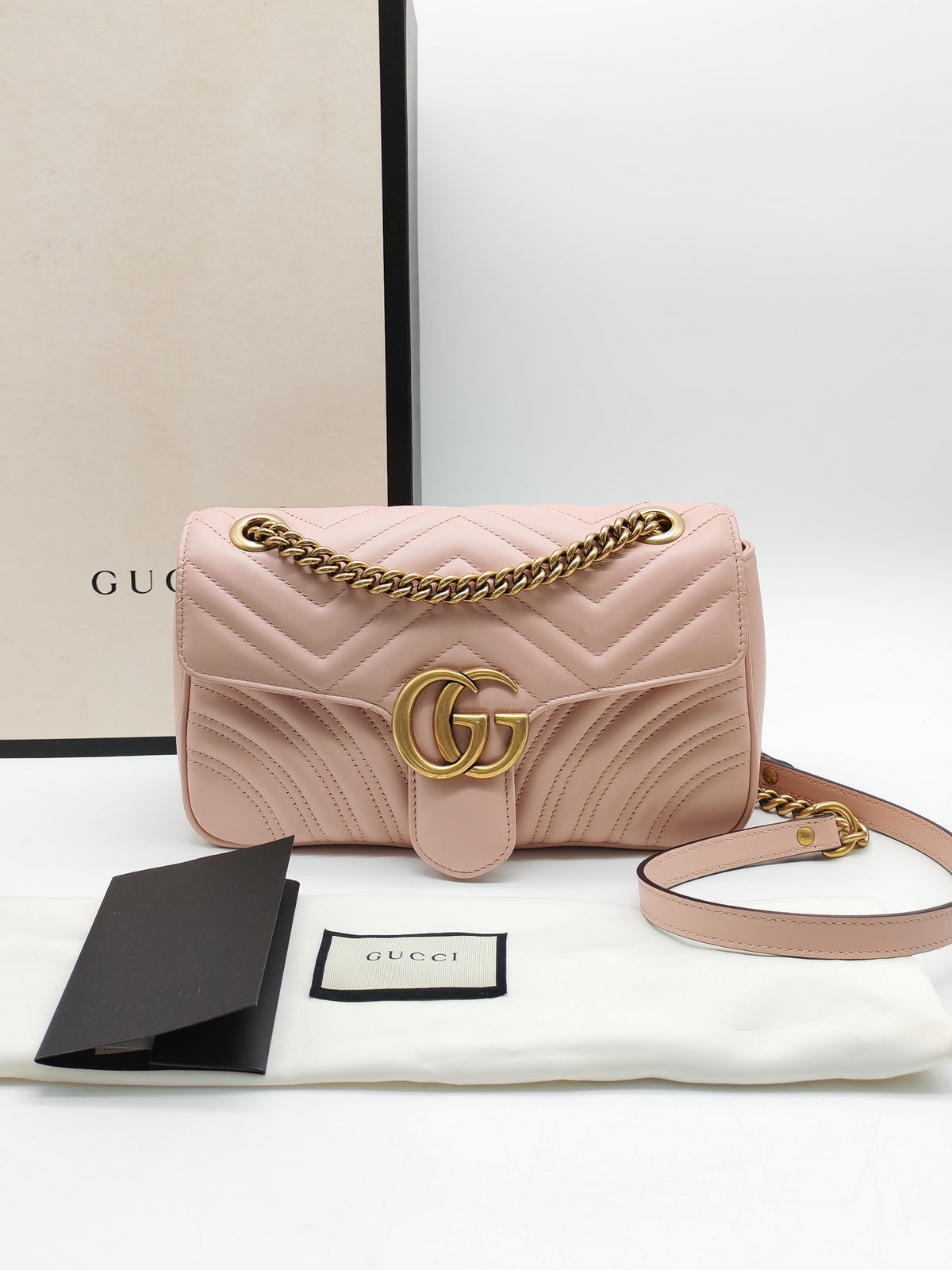 Gucci GG Marmont Small Shoulder Bag in Dusty Pink Chevron Quilted Matelasse Calfskin Leather and Aged Gold Hardware | Purse Maison Luxury Bags Shop