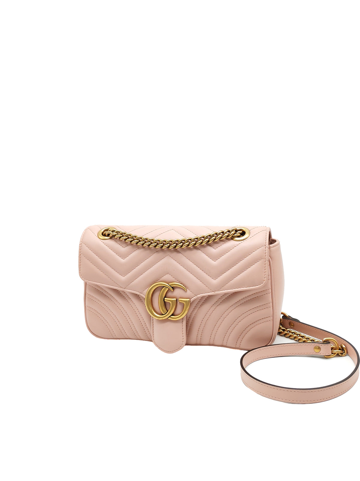 Gucci GG Marmont Small Shoulder Bag in Dusty Pink Chevron Quilted Matelasse Calfskin Leather and Aged Gold Hardware | Purse Maison Luxury Bags Shop