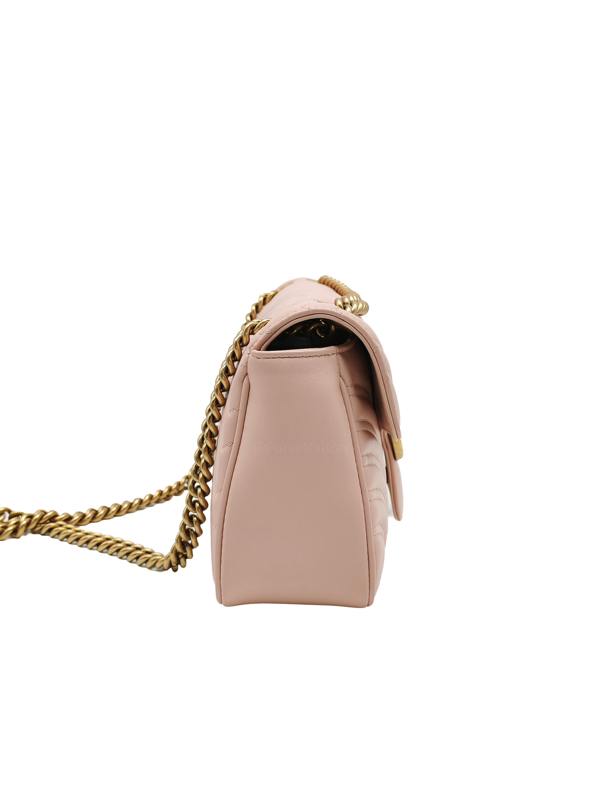 Gucci GG Marmont Small Shoulder Bag in Dusty Pink Chevron Quilted Matelasse Calfskin Leather and Aged Gold Hardware | Purse Maison Luxury Bags Shop