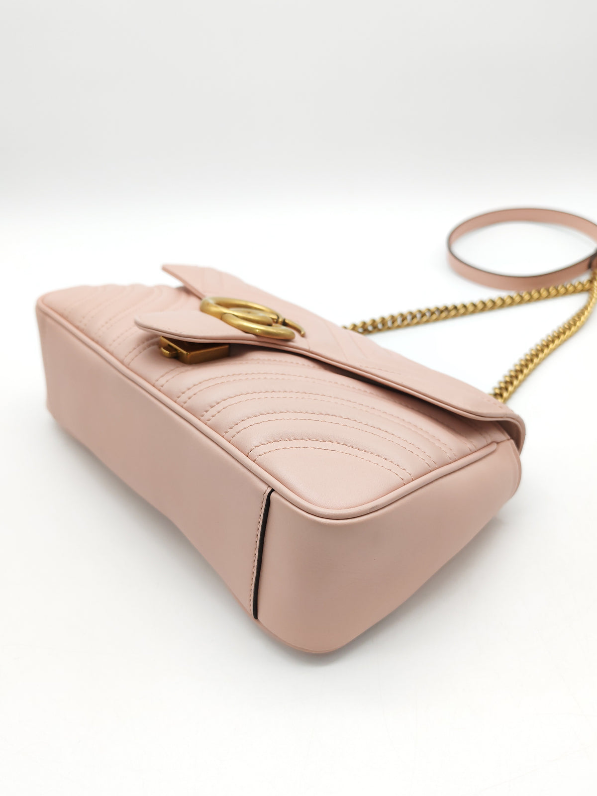 Gucci GG Marmont Small Shoulder Bag in Dusty Pink Chevron Quilted Matelasse Calfskin Leather and Aged Gold Hardware | Purse Maison Luxury Bags Shop