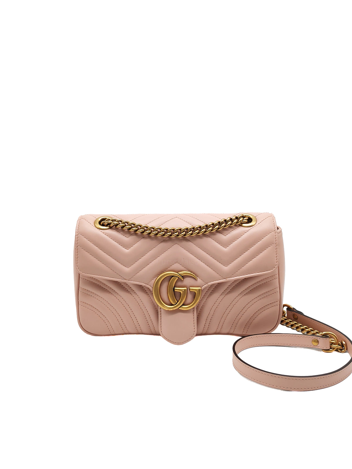 Gucci GG Marmont Small Shoulder Bag in Dusty Pink Chevron Quilted Matelasse Calfskin Leather and Aged Gold Hardware | Purse Maison Luxury Bags Shop